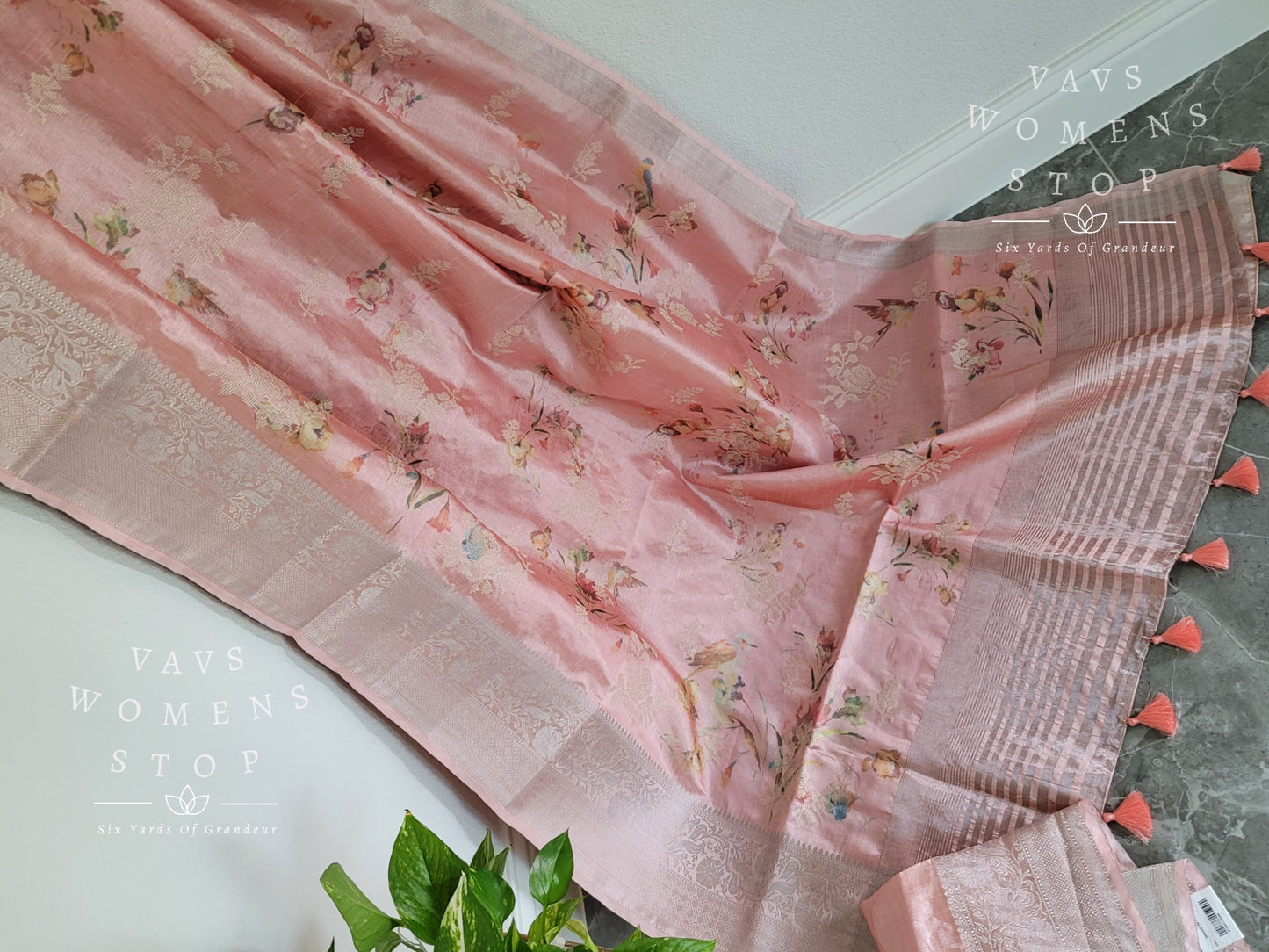 Birds Floral Digital Print Soft Kota Tussar Rawsilk Saree - Benarasi Blouse