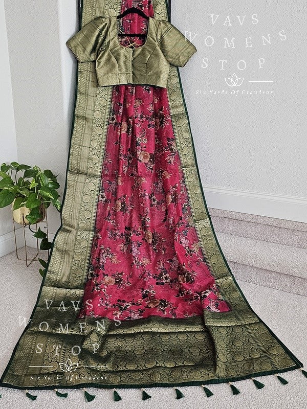 Floral Prints Benarasi Warm Georgette Katan Saree - Blouse