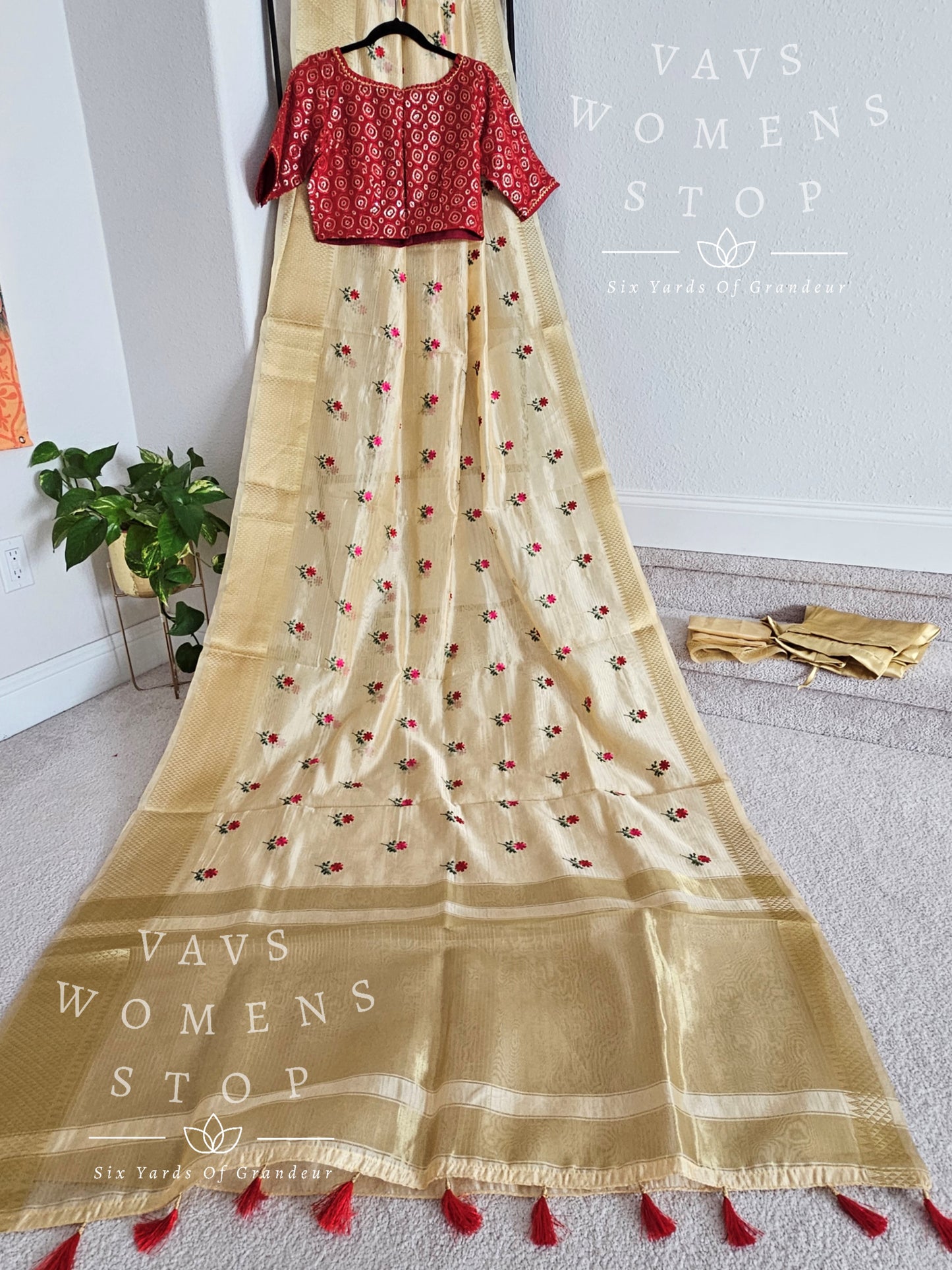 Soft Organza Tissue Gold Saree - Red Georgette Sequins Blouse