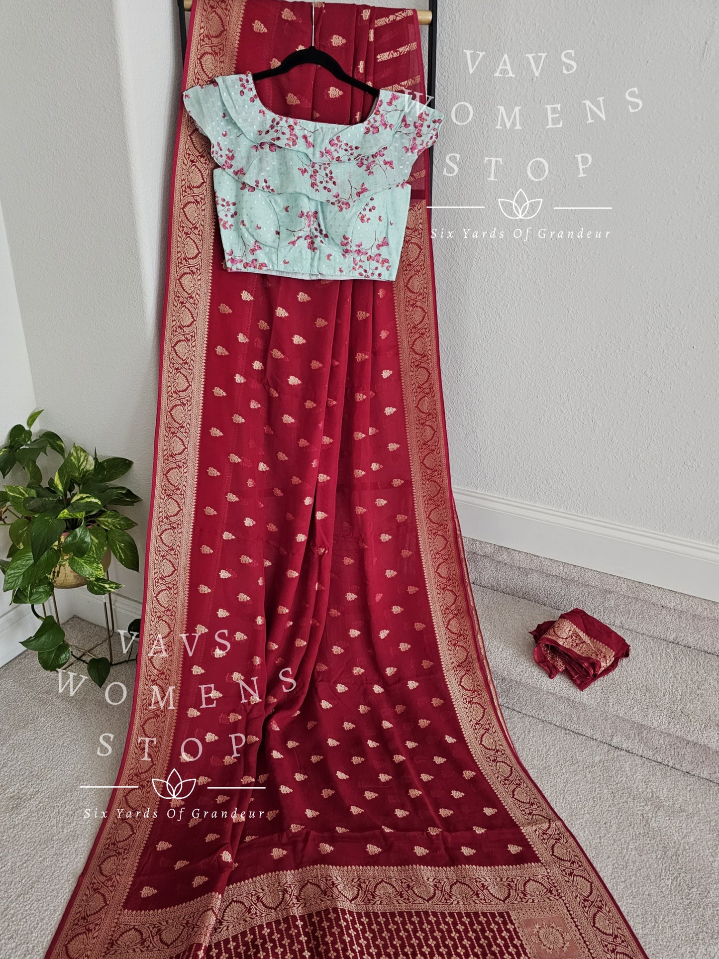 Designer Viscose Georgette Silk Saree - Ruffle Sleeves Soft Cotton Blouse