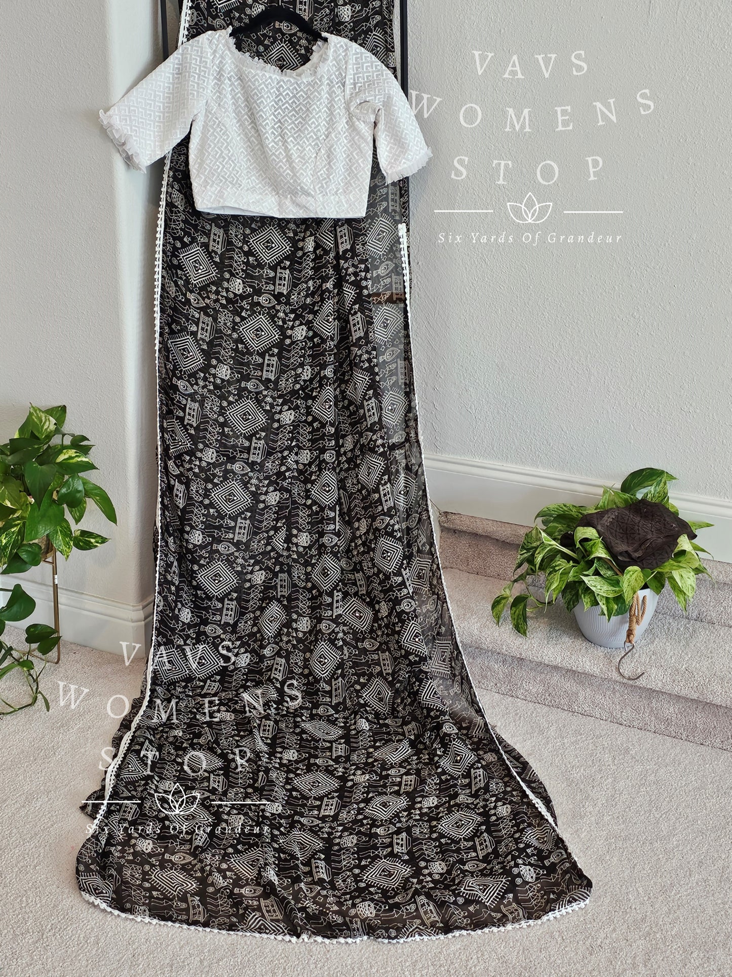 Warli Print Semi Georgette Designer Saree - Chikan Work Blouse