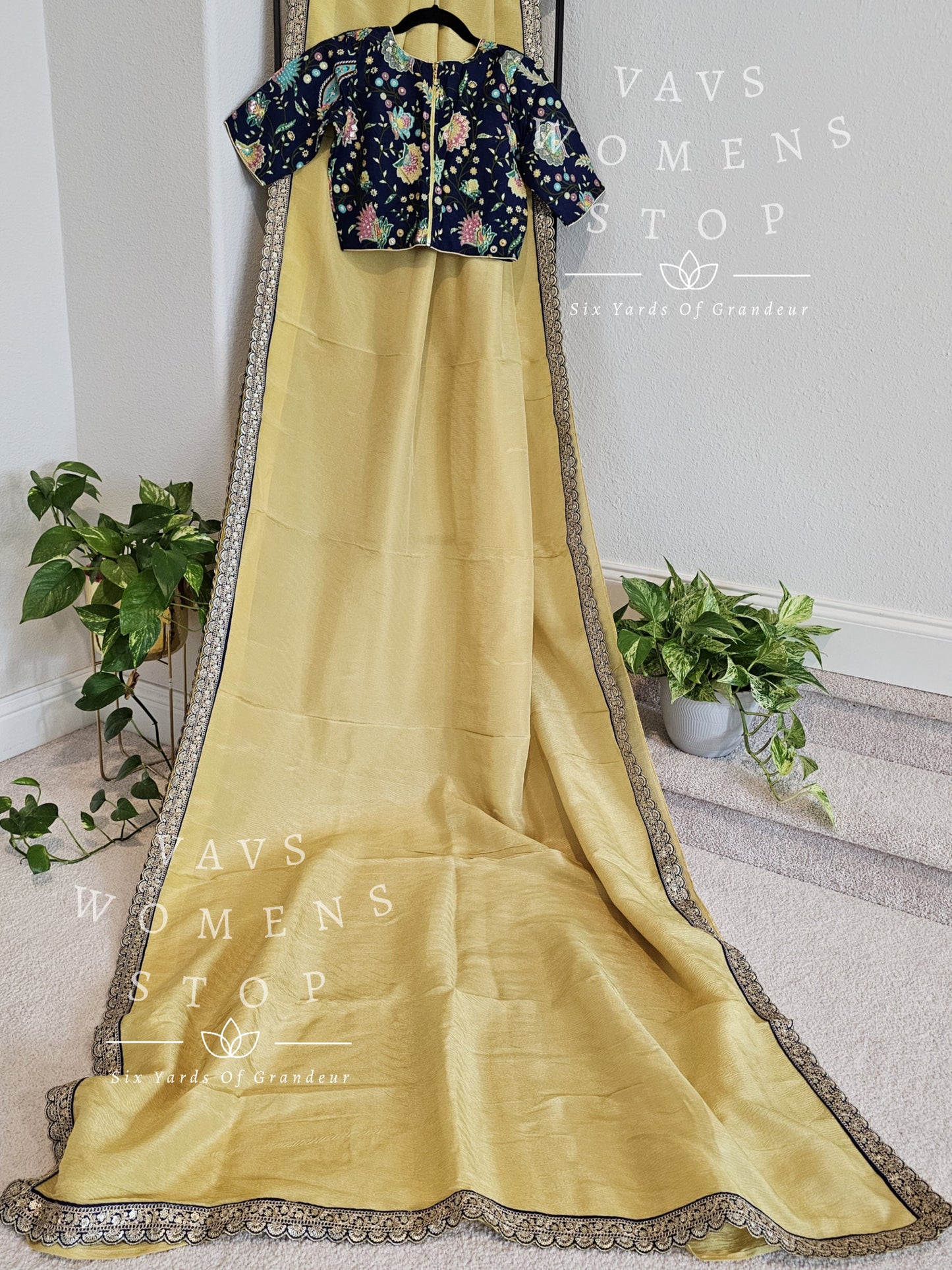 VAVS Customized Designer Crush Tissue Saree - Muslin Silk Cotton Floral Blouse