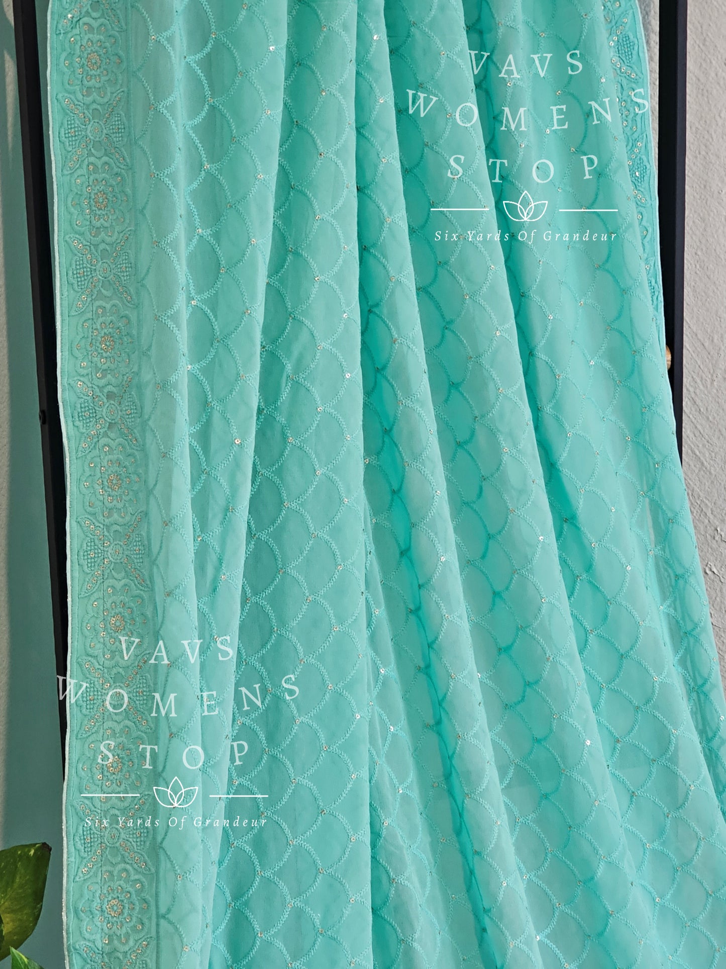 Pure Georgette Chikankari Sea Green Color Saree