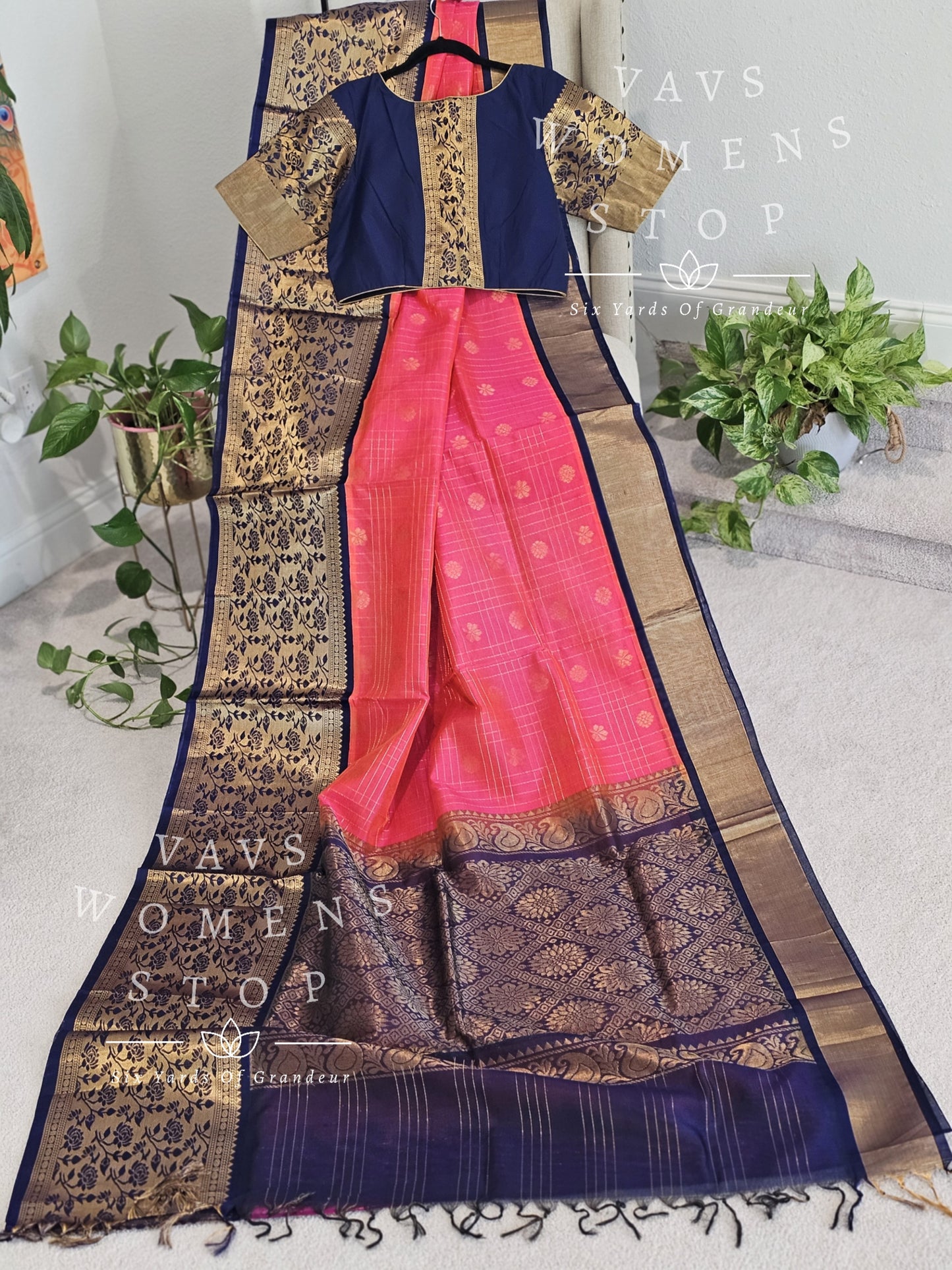 Pure Kuppadam Pattu Silk Cotton Paithani Border Saree - Blouse