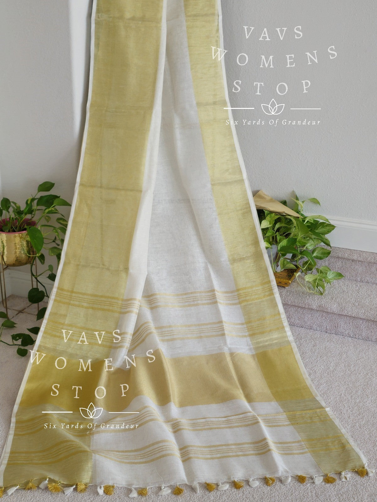 Linen By Linen White Saree with Gold Zari Border