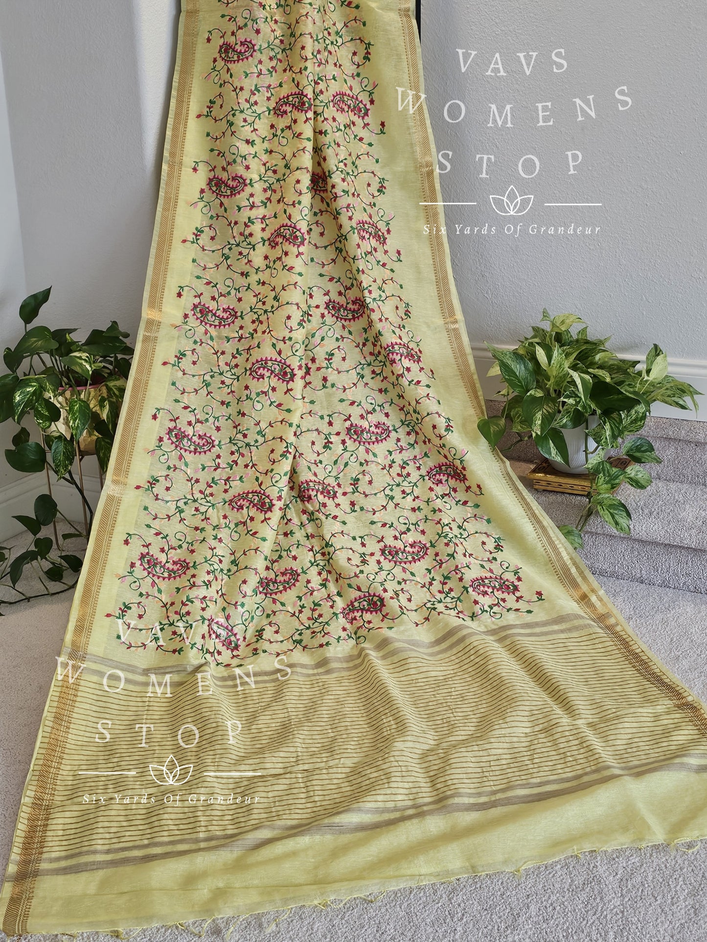 Linen Silk Embroidery Saree with Benarasi Blouse