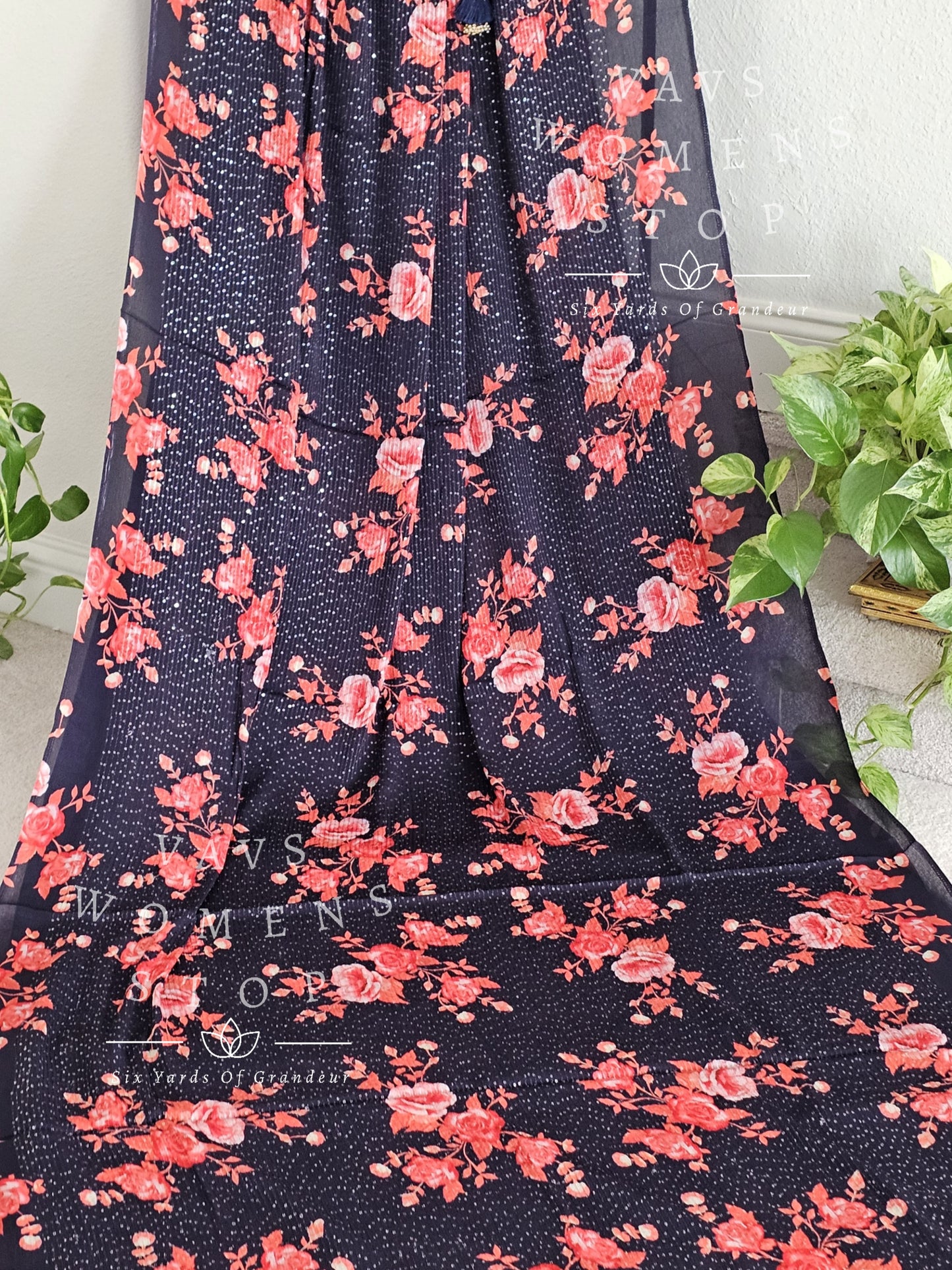 Floral Prints Pure Chinon Chiffon Sequins Work Saree - Blouse