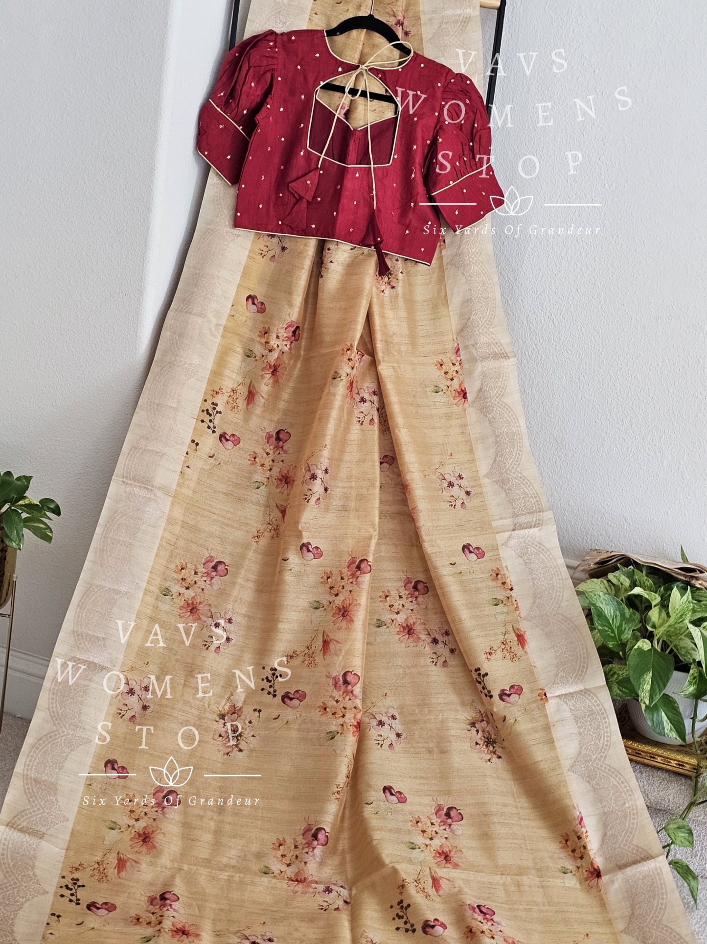Kota Tussar Silk Floral Print Saree - Chinon Silk Puff Sleeves Blouse