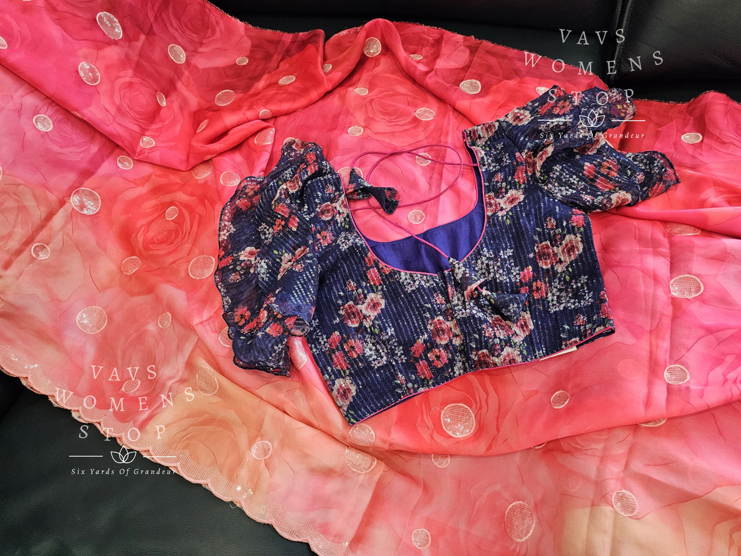 Soft Satin Floral Print Saree - Sequins Floral Ruffle Sleeves Pattern Blouse
