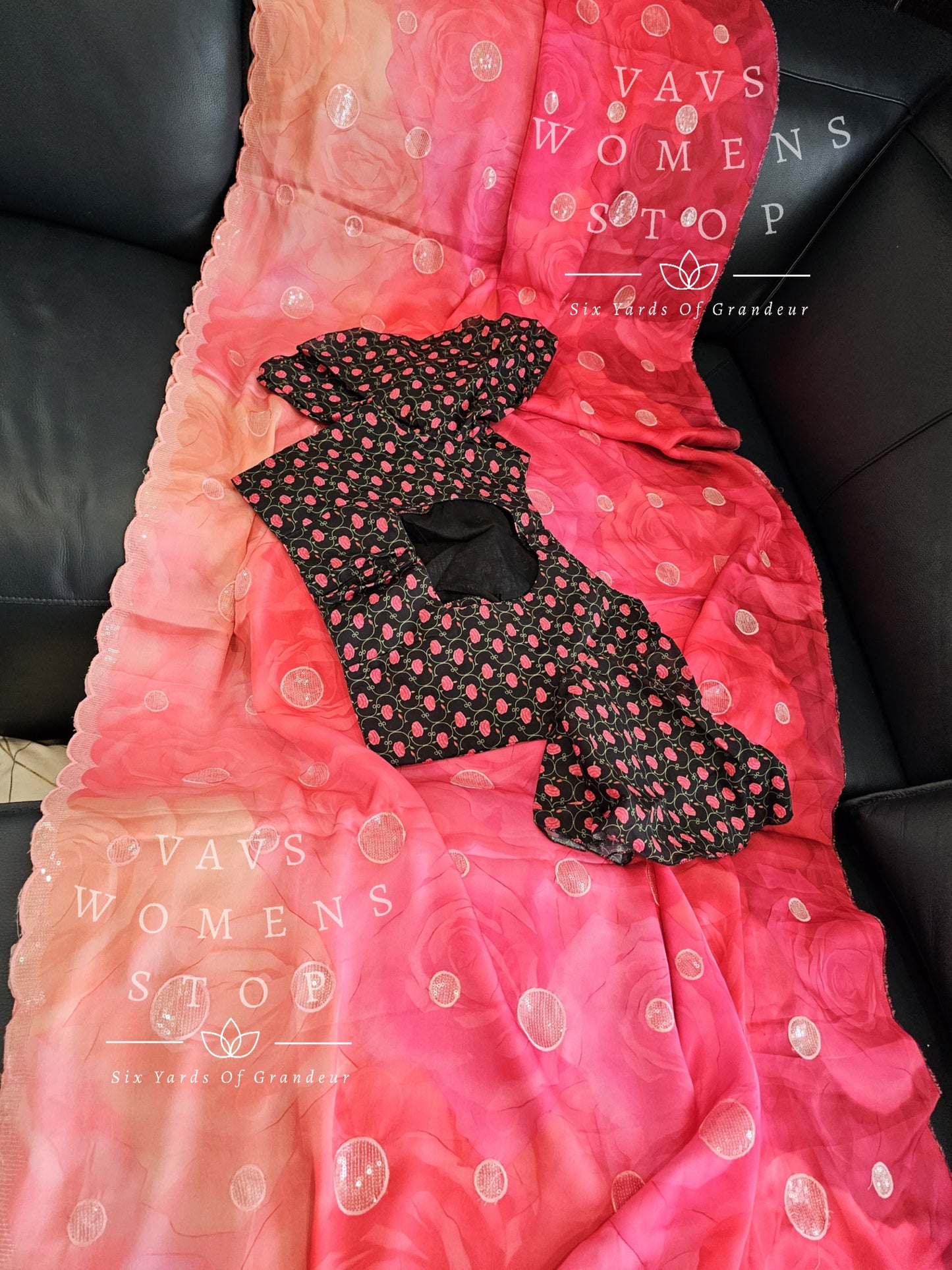 Soft Satin Floral Print Saree - Soft Chanderi Fabric Bell Sleeves Patterned Blouse