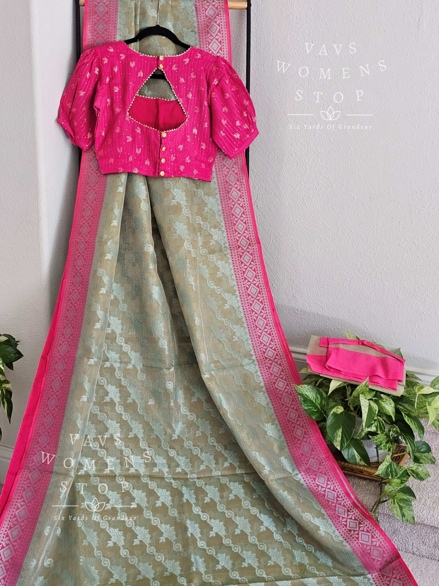 Fancy Semi Organza Saree - Designer Chinon Chiffon Sequins Work Blouse