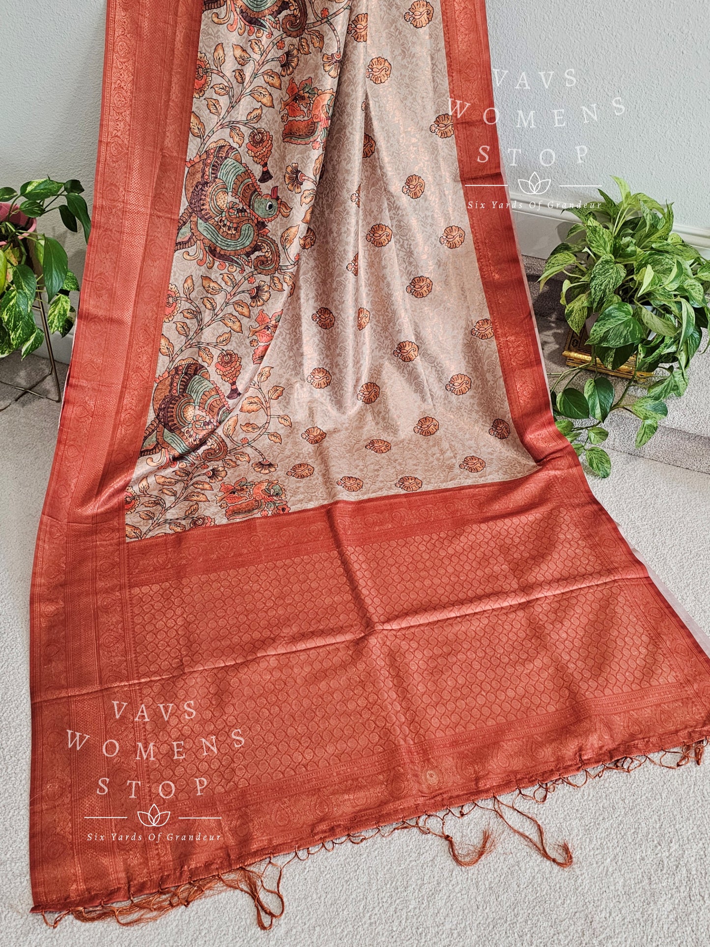 Benarasi Crepe Tussar Rapier Kalamkari Print Silk Saree - Blouse