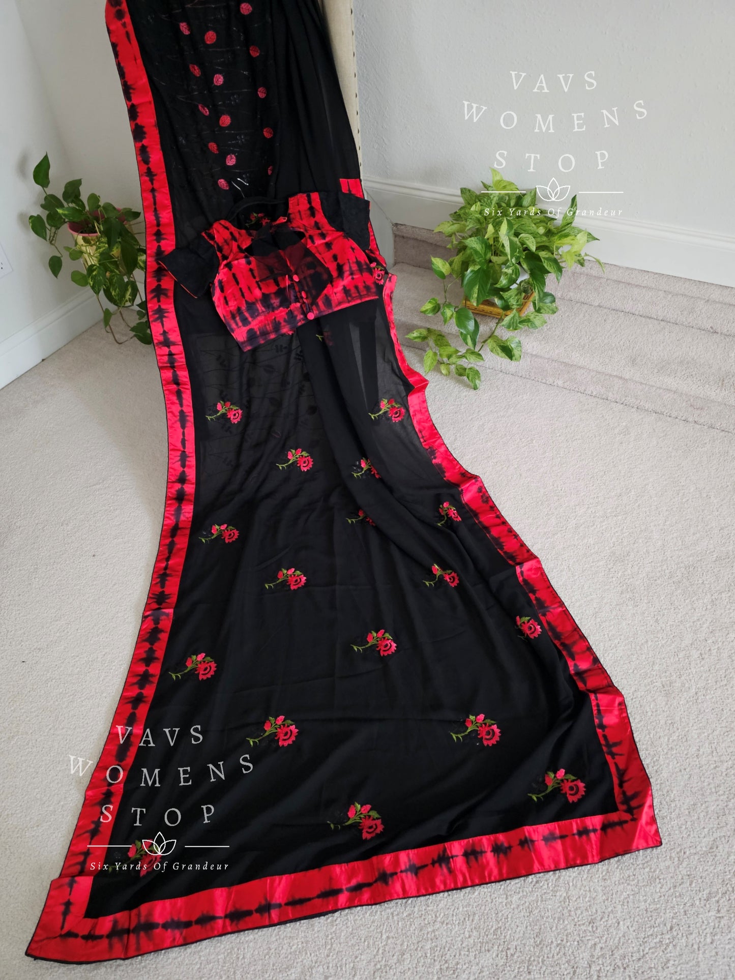 Black n Red Color Combo Georgette Saree - Blouse