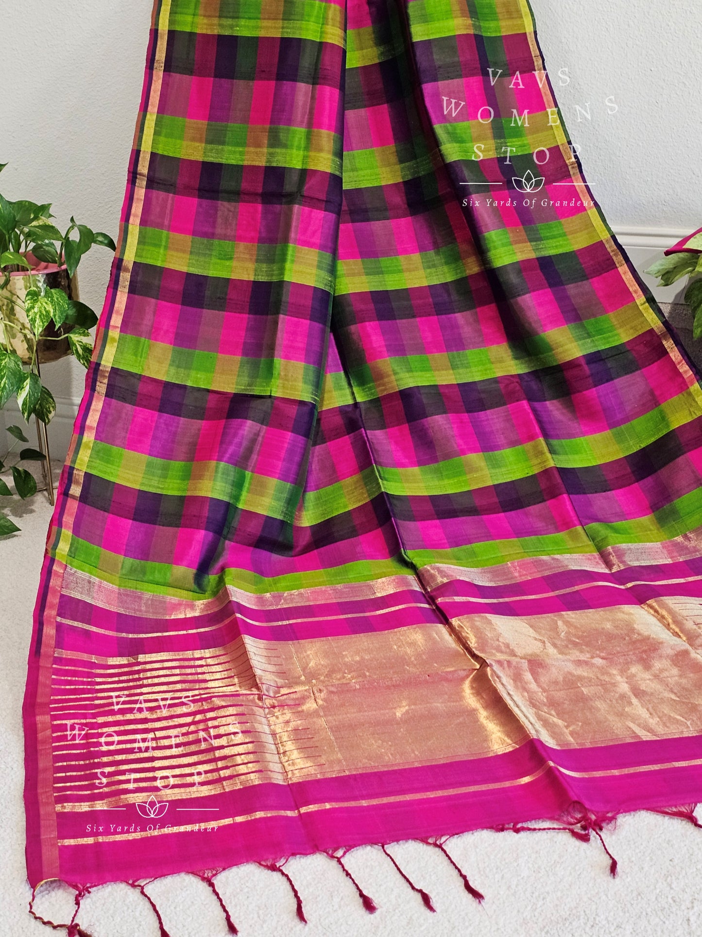 Pure Dupion Checks Pattern Pattu Silk Saree