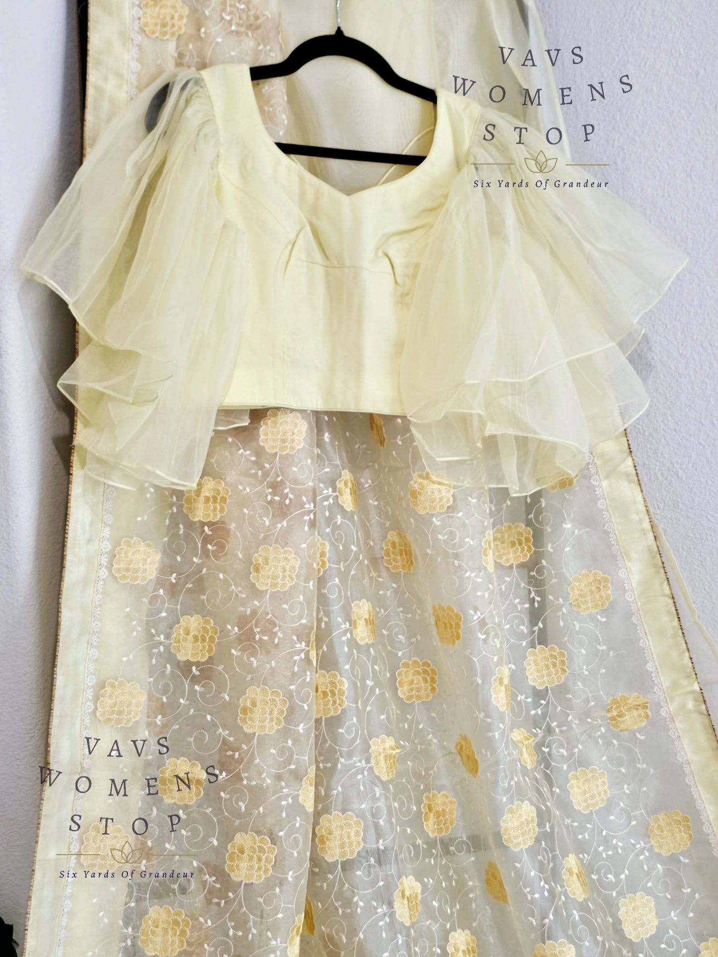 Lemon Yellow Shade Embroidered Organza Saree - Ruffle Sleeves Blouse