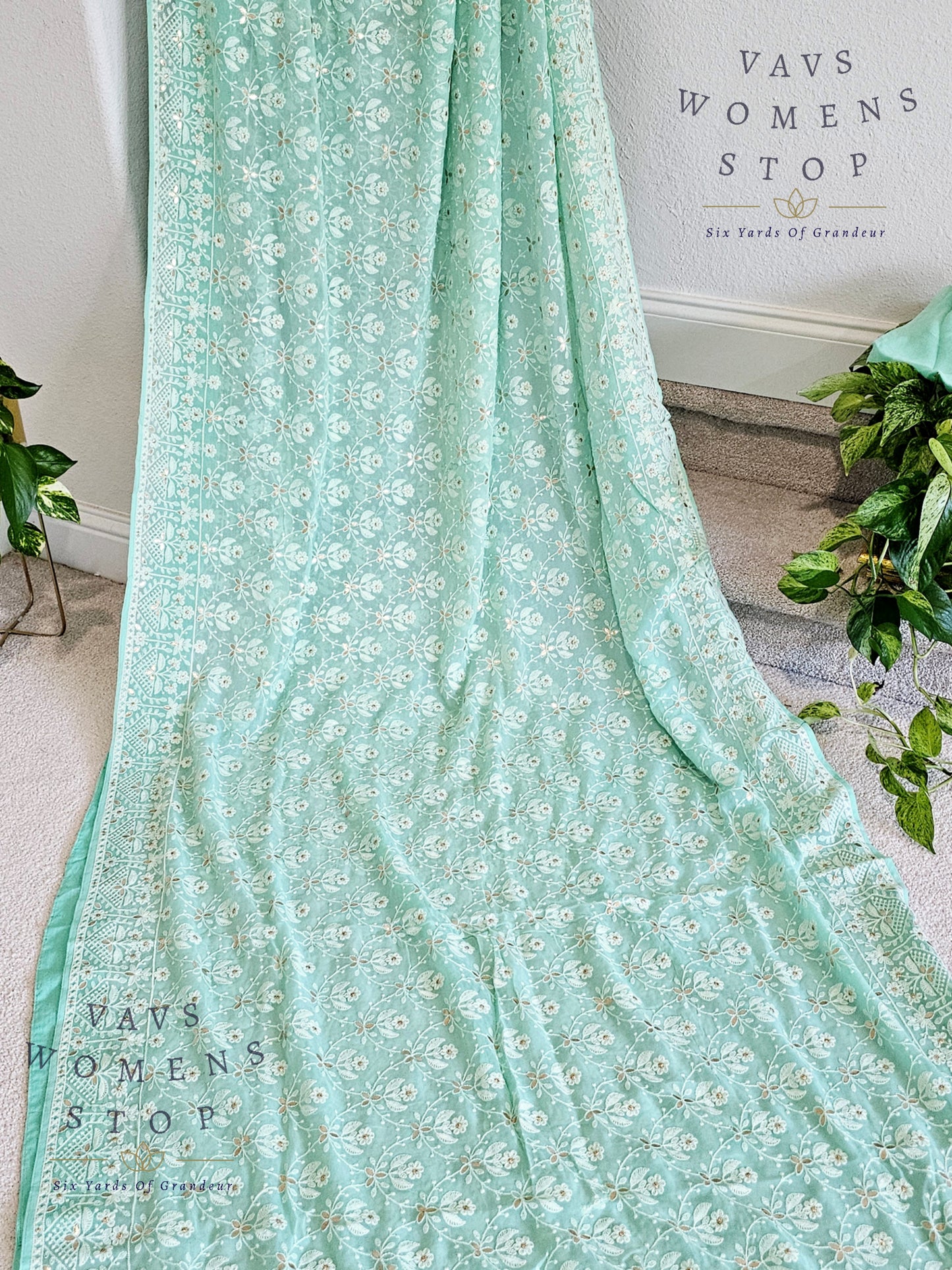 Pure Viscose Chikankari Georgette Gotta Patti Work Embroidery Saree