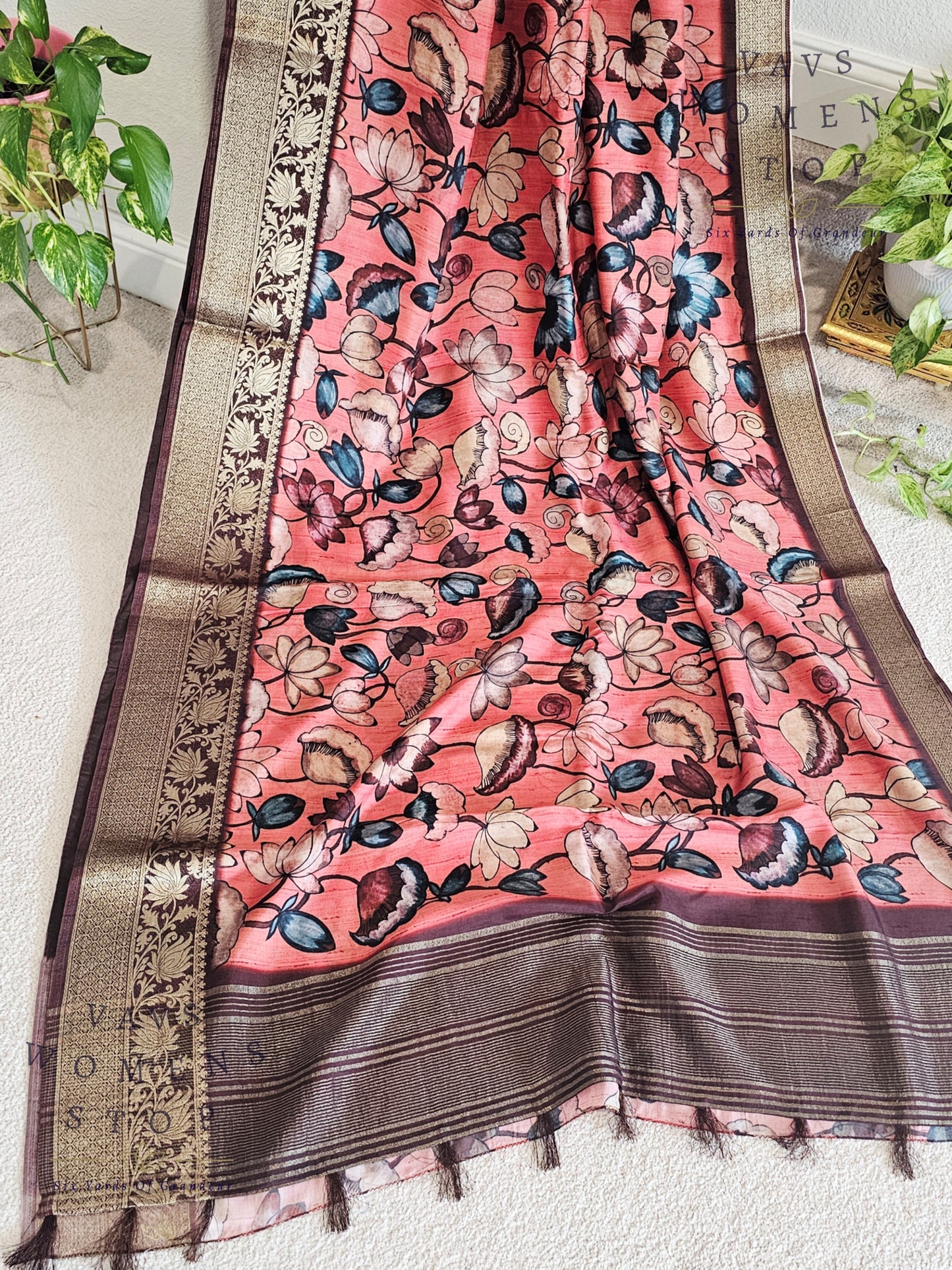 Kalamkari Print Semi Benarasi Soft Dola Silk Saree - Blouse