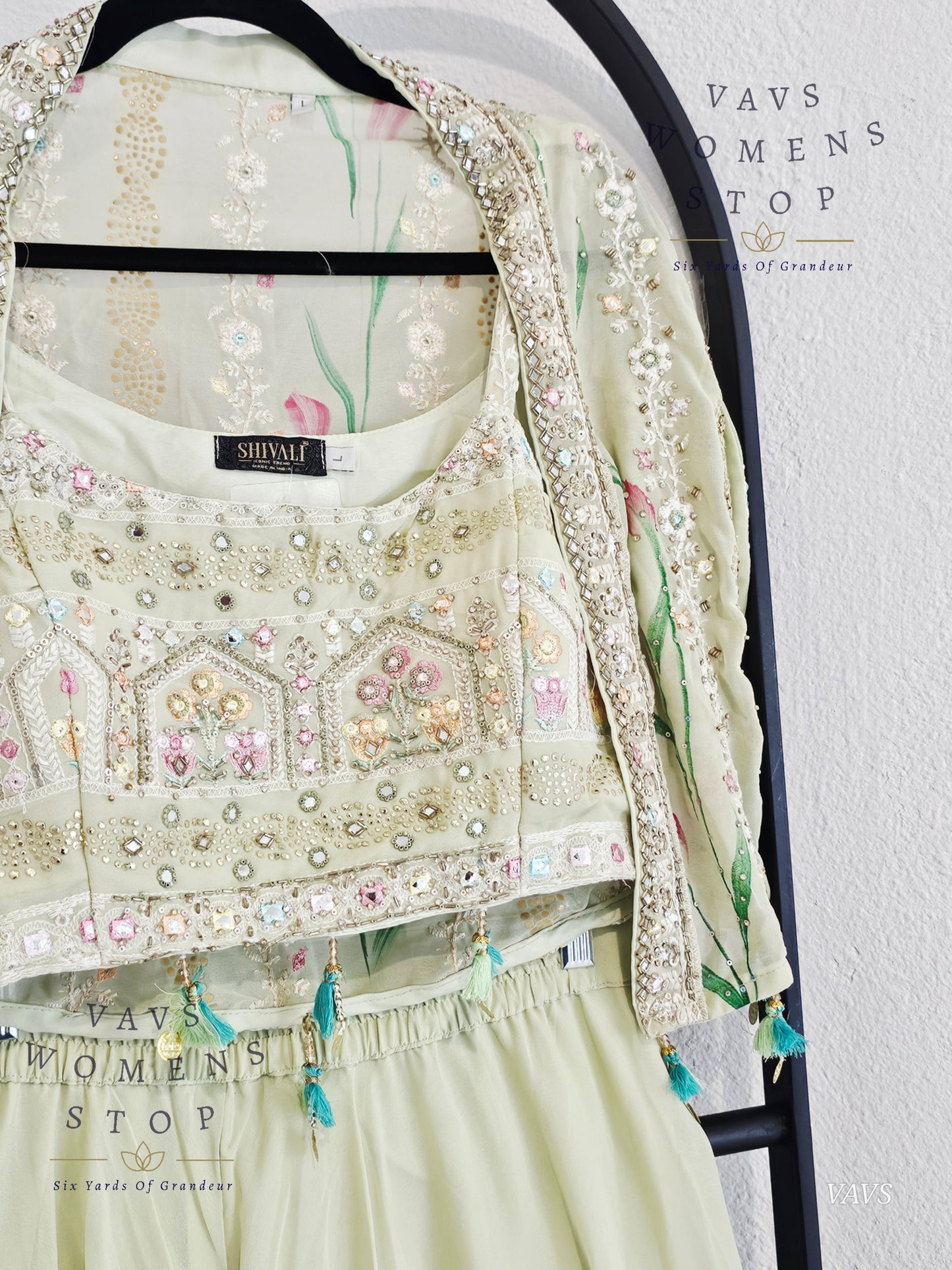 Readymade Partywear 3 Piece Set Overcoat Blouse Palazzo Pant - L