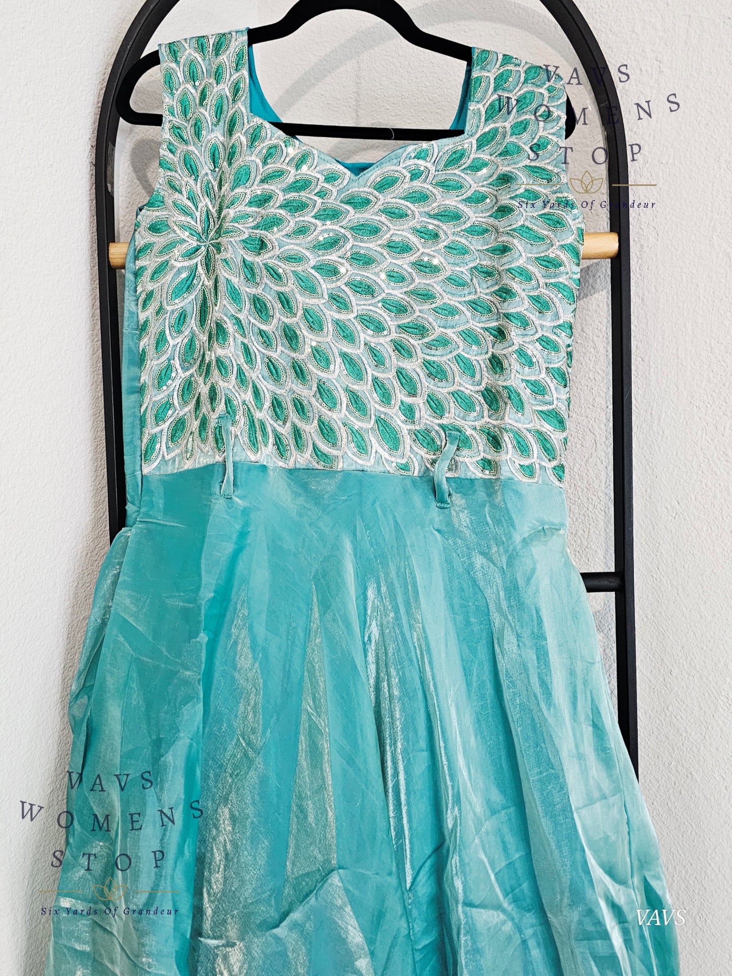 Readymade Glass Tissue Peacock Machine Embroider Designer Long Frock Duppata - L