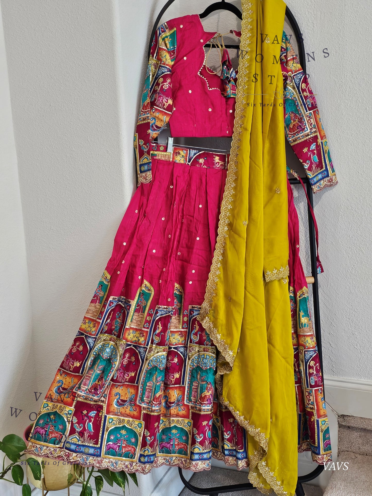Village Theme Motif Embroidered Magenta Pink Half Saree Set – Munga Benarasi Crepe Silk Lehenga for Weddings & Festive Celebrations | Ready to Ship USA
