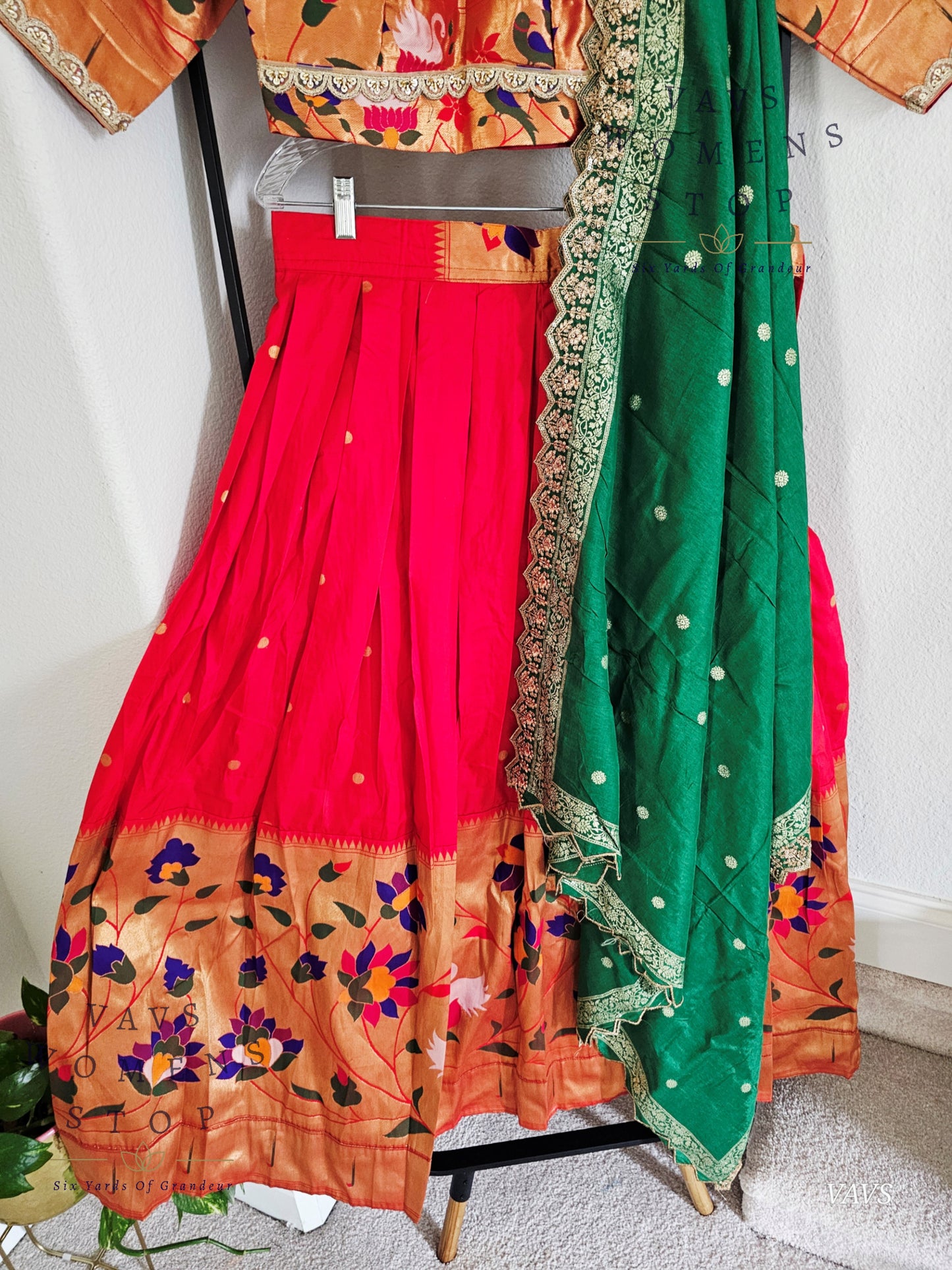 Semi Benarasi Paithani Half Saree Set – Red Paithani Lehenga for Women