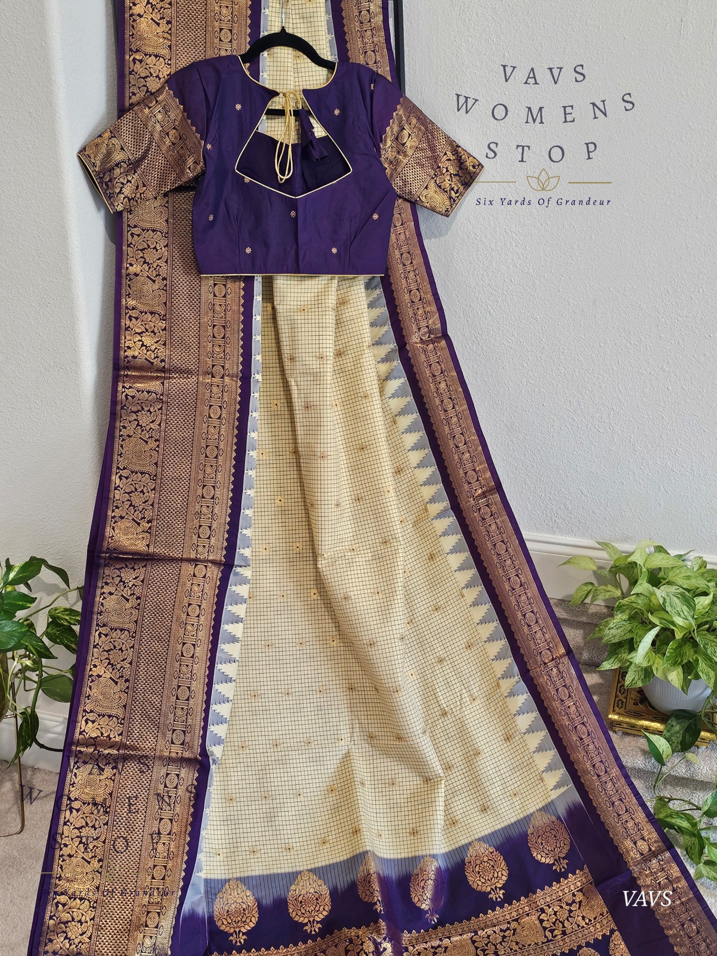 Cream Checks Semi Gadwal Saree with Purple Border – Traditional Classy Combination | Ready to Ship USA