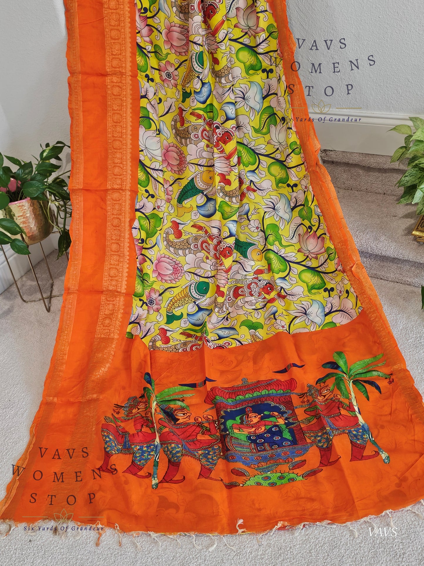 Elegant Yellow Mangalagiri Saree with Kalamkari Print & Orange Gap Border – Puff Sleeves Blouse – Ready to Ship