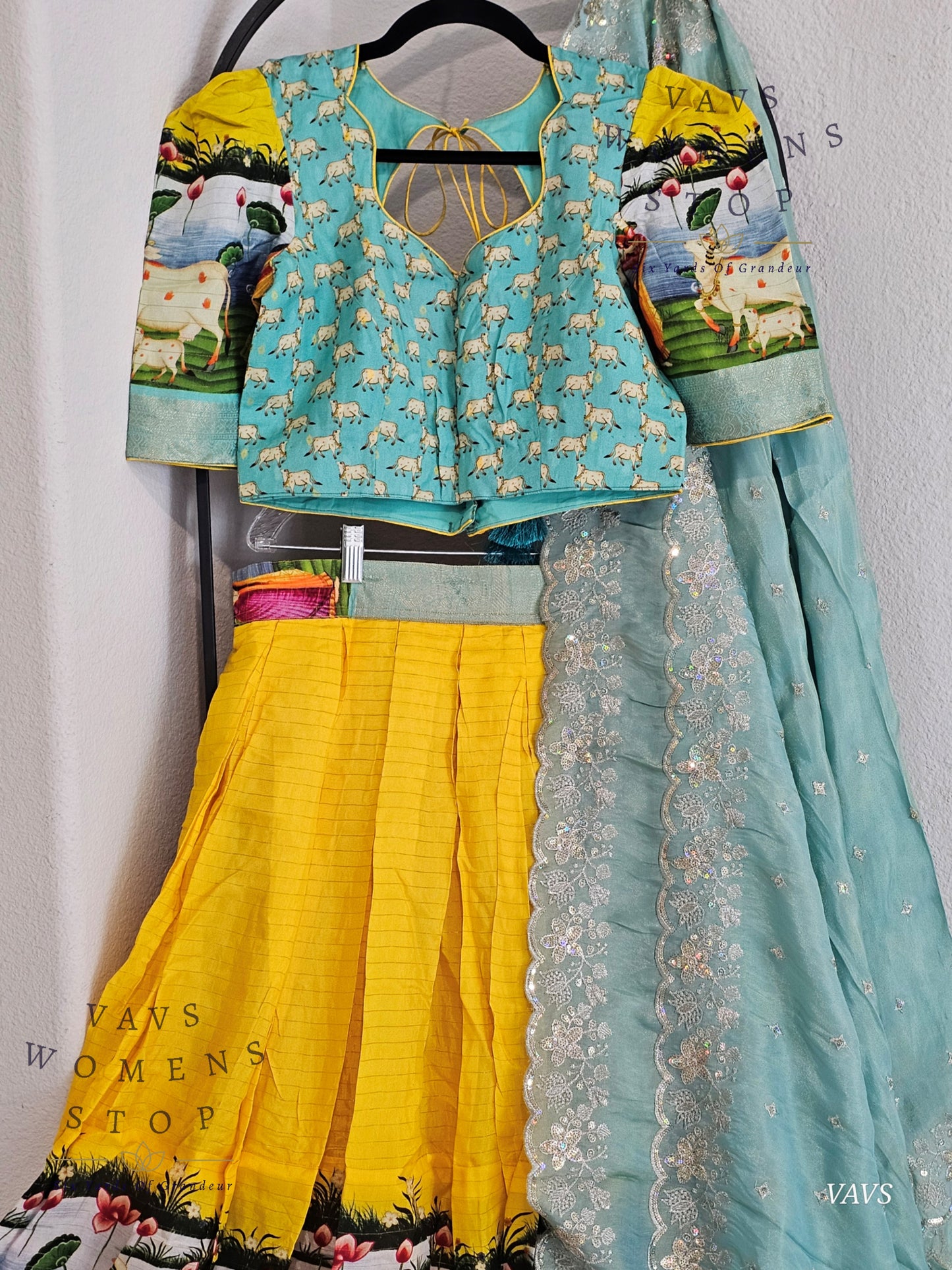 Yellow & Sea Blue Benarasi Silk Pichwai Print Half Saree Set – Festive & Party Wear Traditional Outfit
