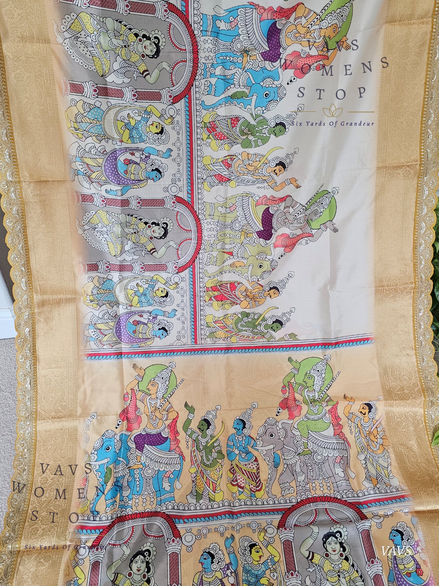 Semi Banarasi Silk Saree with Kalamkari Print & Attached Border – Elegant Designer Saree with Blouse | Festive & Party Wear