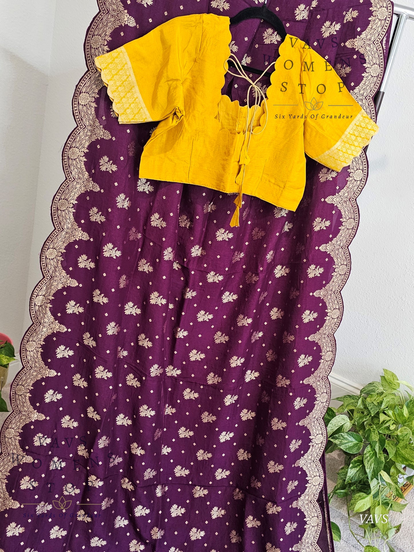 Scalloped Border All Over Butta Fancy Dola Silk Wine Purple Saree with Yellow Blouse – Elegant Party & Festive Wear