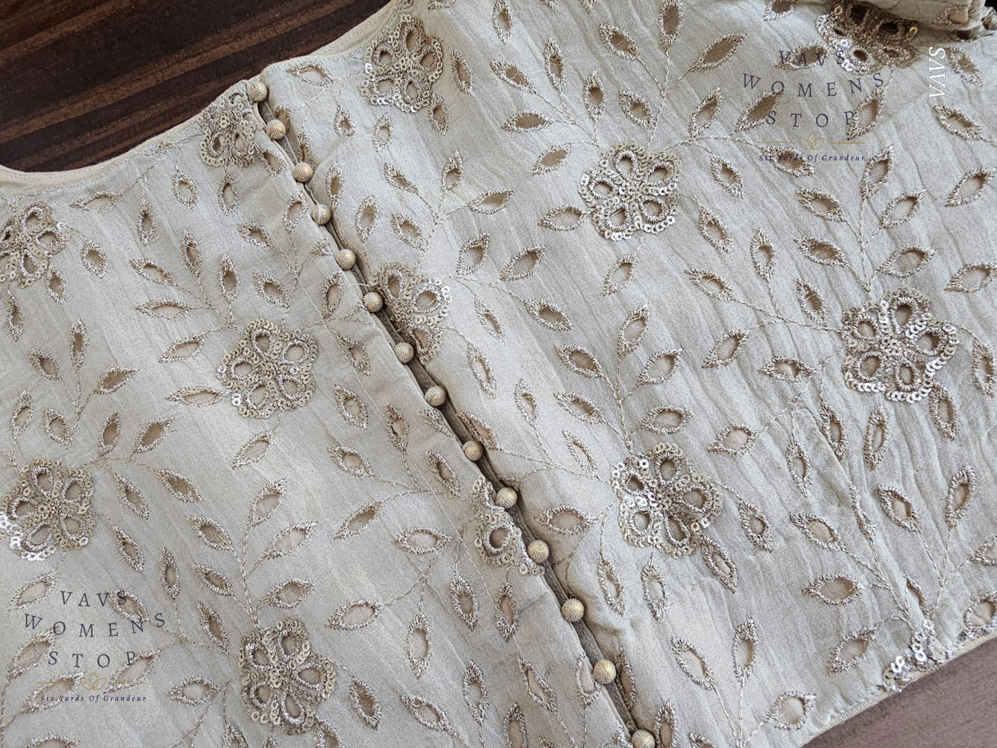 Shop elegant light gold tissue Hakoba cutwork blouse in size 38 extendable to 44. Perfect for sarees, lehengas, festive occasions & weddings. Ready to ship from USA.