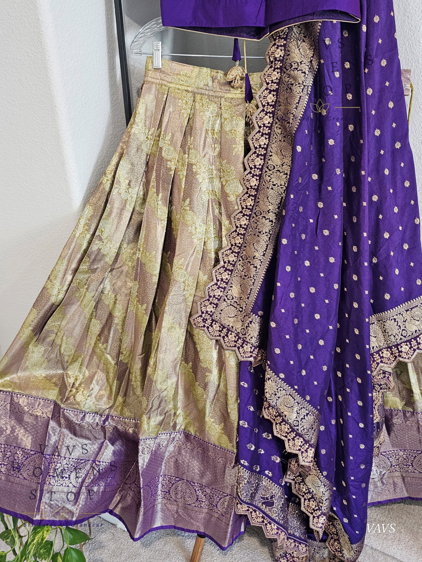 Gold and Purple Shade Semi Kanchi Half Saree Set – Traditional South Indian Lehenga for Women | Bridal & Festive Wear | Ready to Ship