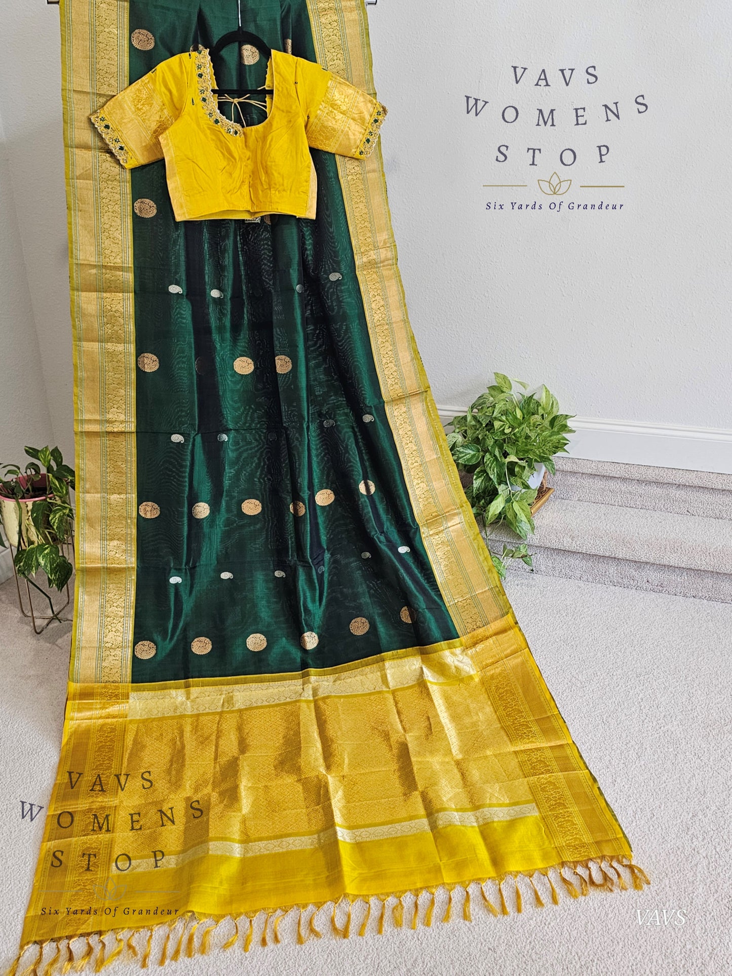 Authentic Pure Silk by Silk Handloom Saree – Maggam Blouse, Wedding & Festive Wear – Ready to Ship from Prosper, Texas USA - VAVS WOMENS STOP Bottle Green And Yellow Combination