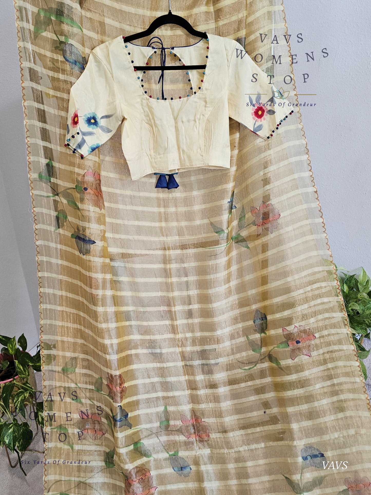 Shop pure tissue soft organza saree with gold stripes & floral print. Comes with blouse size 36 extendable to 42. Elegant party & wedding saree, ready to ship from Prosper, Texas, USA.