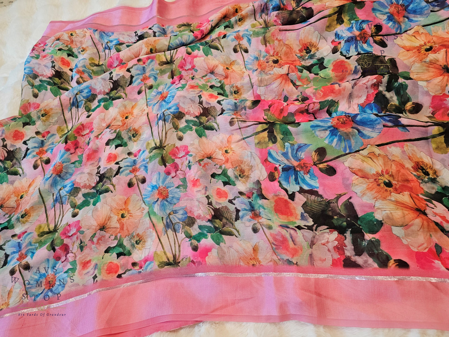 Baby Pink Shade Floral Print Soft Georgette Saree – Elegant Party & Festive Wear