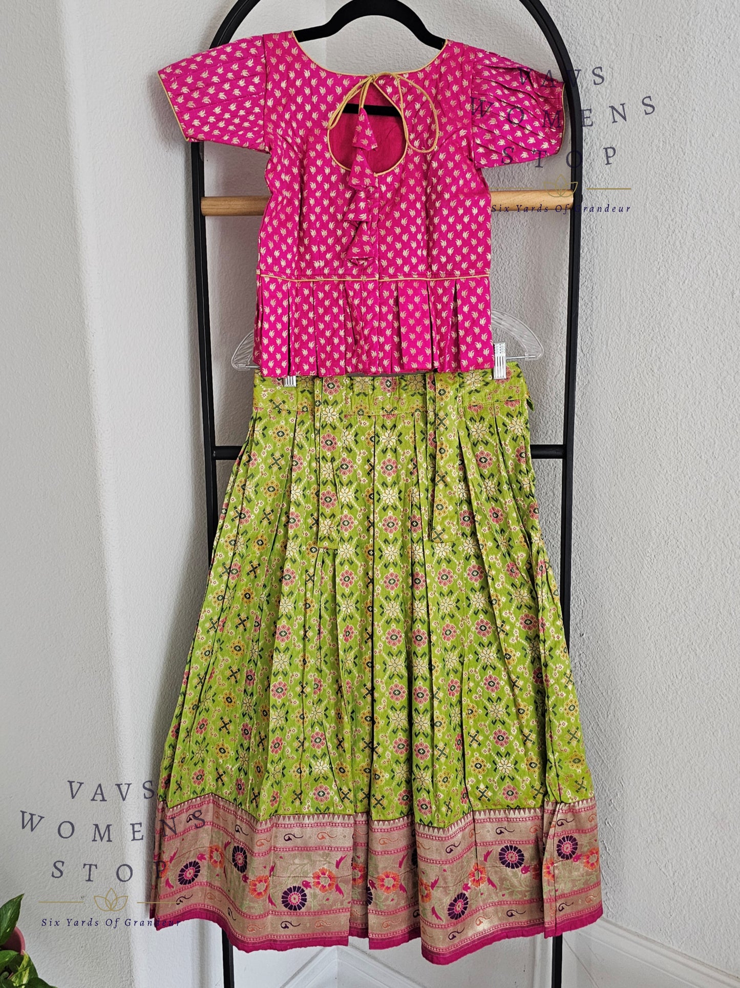 Patola Satin Benarasi with Paithani Border Kids Pattu Pavadai Langa Blouse Suits for 6 years to 7 years girls