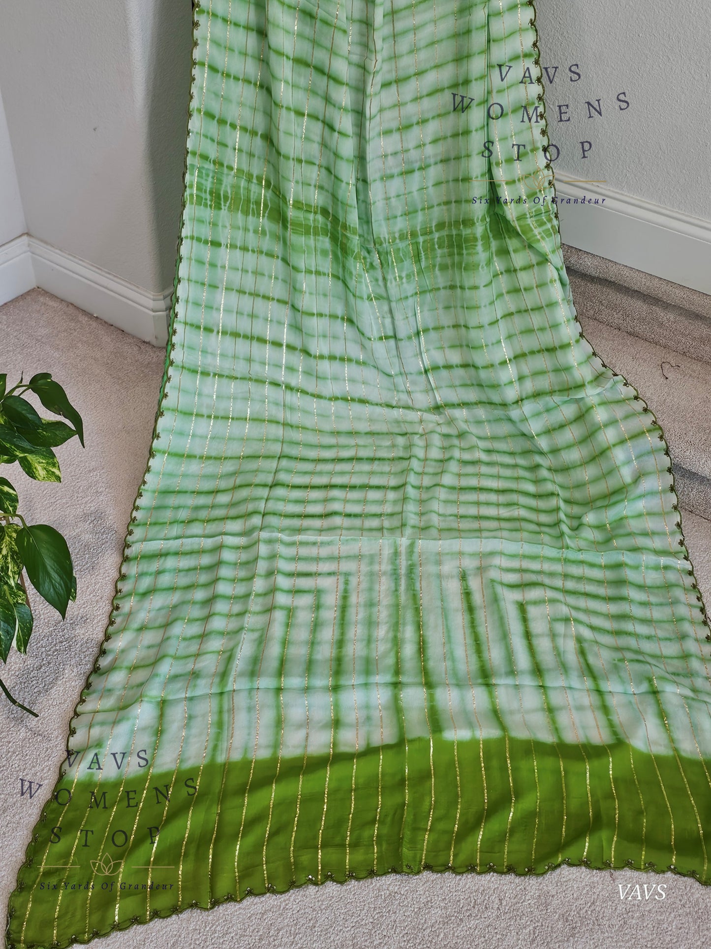 Chinon Crepe Shibori Print Striped Saree with Scalloped Embroidery Border with Stitched Blouse | Designer Saree