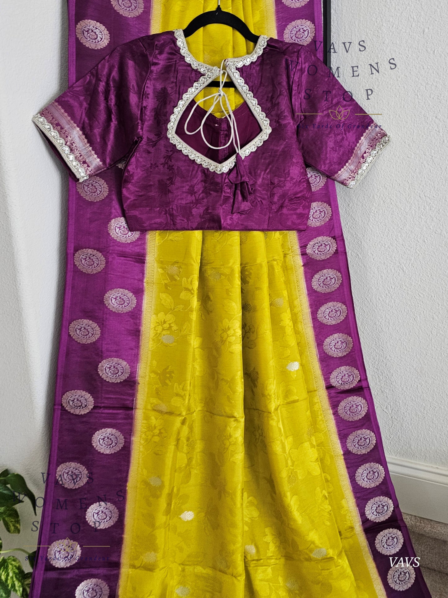 Sunflower Yellow Soft Mango Benarasi Silk Saree with Purple Contrast Blouse