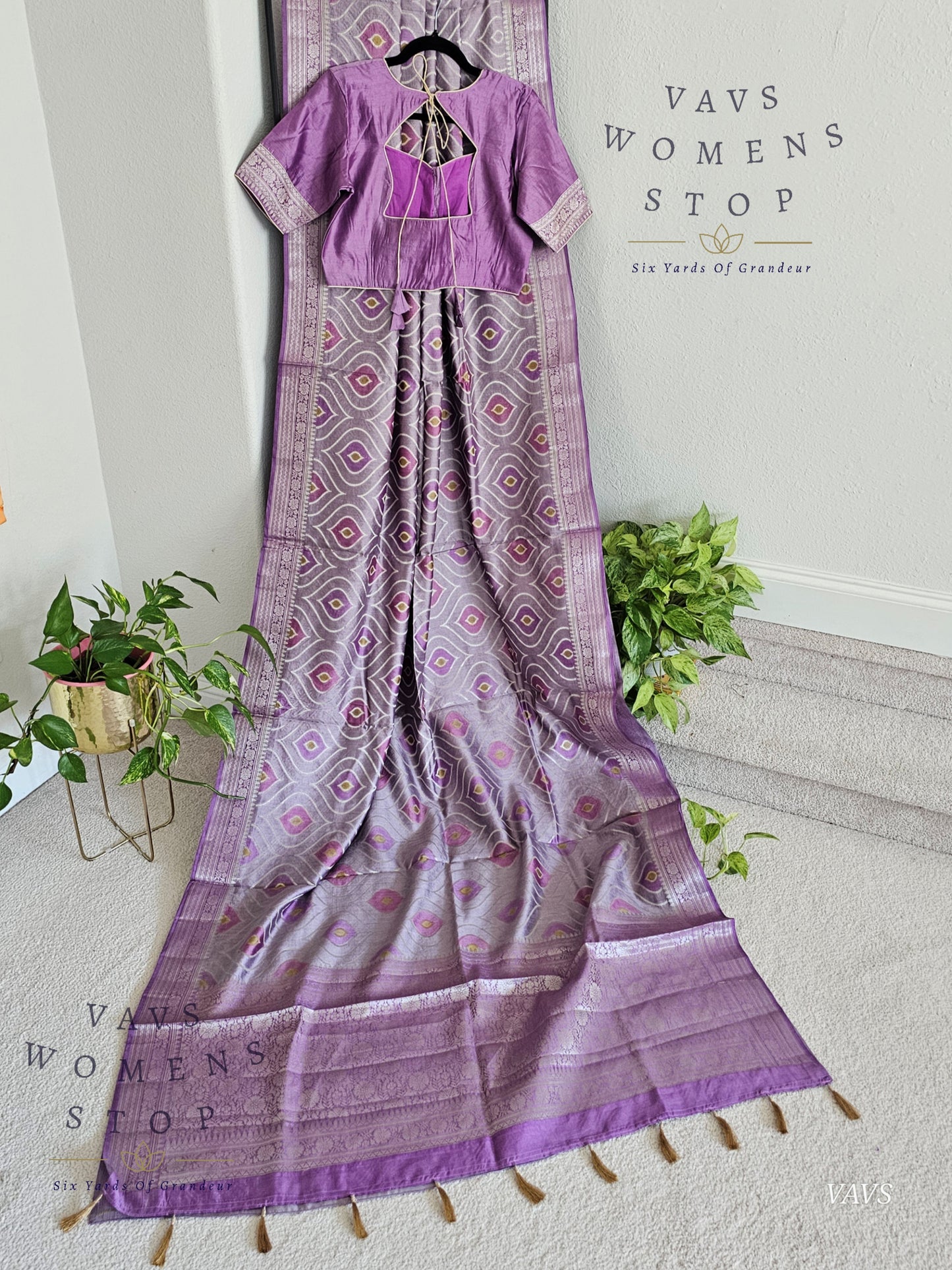 Lavender Lilac Pure Chiniya Silk Saree with Stitched Blouse Size 38 - 43 | Ready to Ship