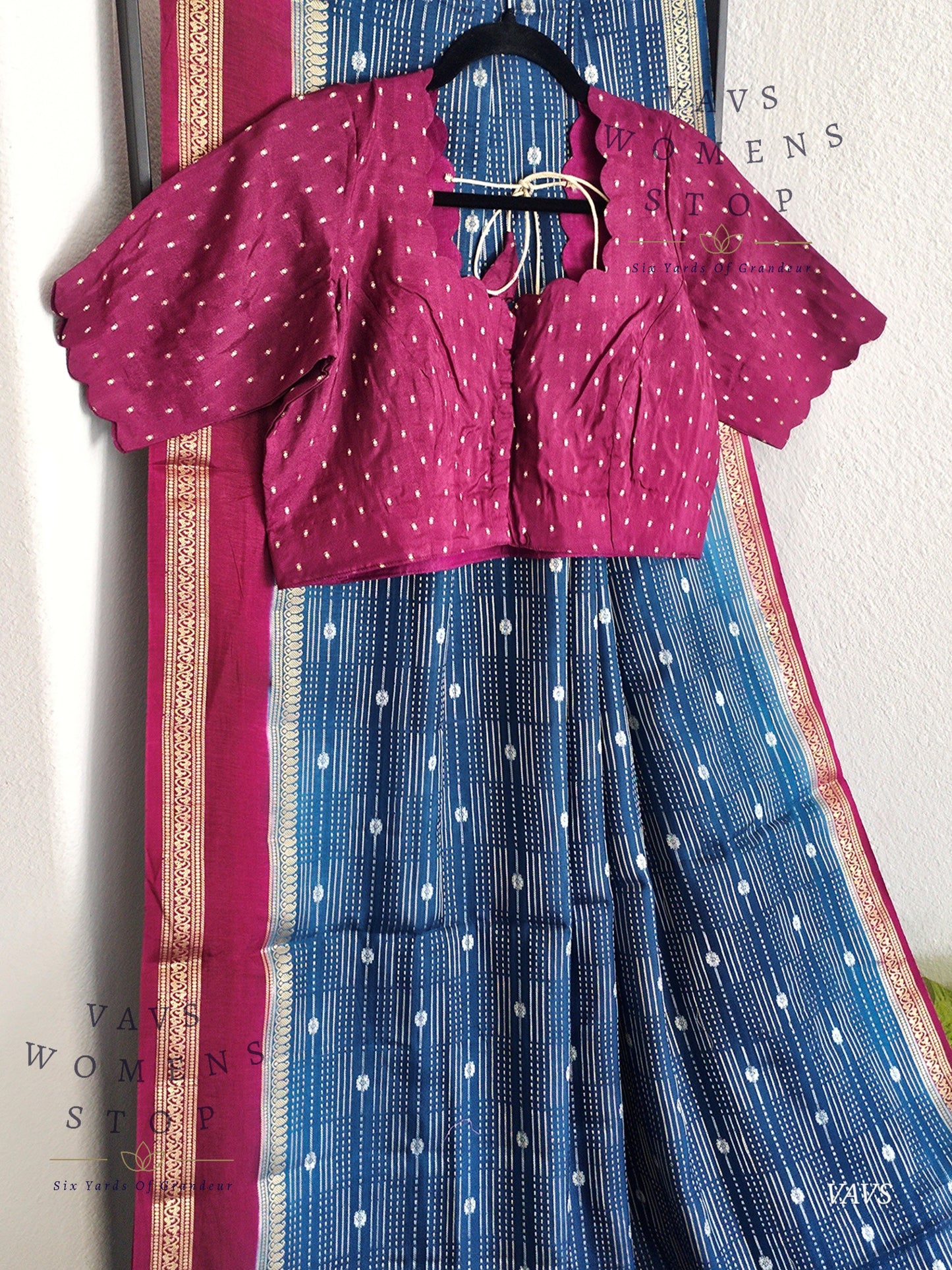 Classy Peacock Blue Soft Dola Silk Saree with Contrast Dark Pink Blouse
