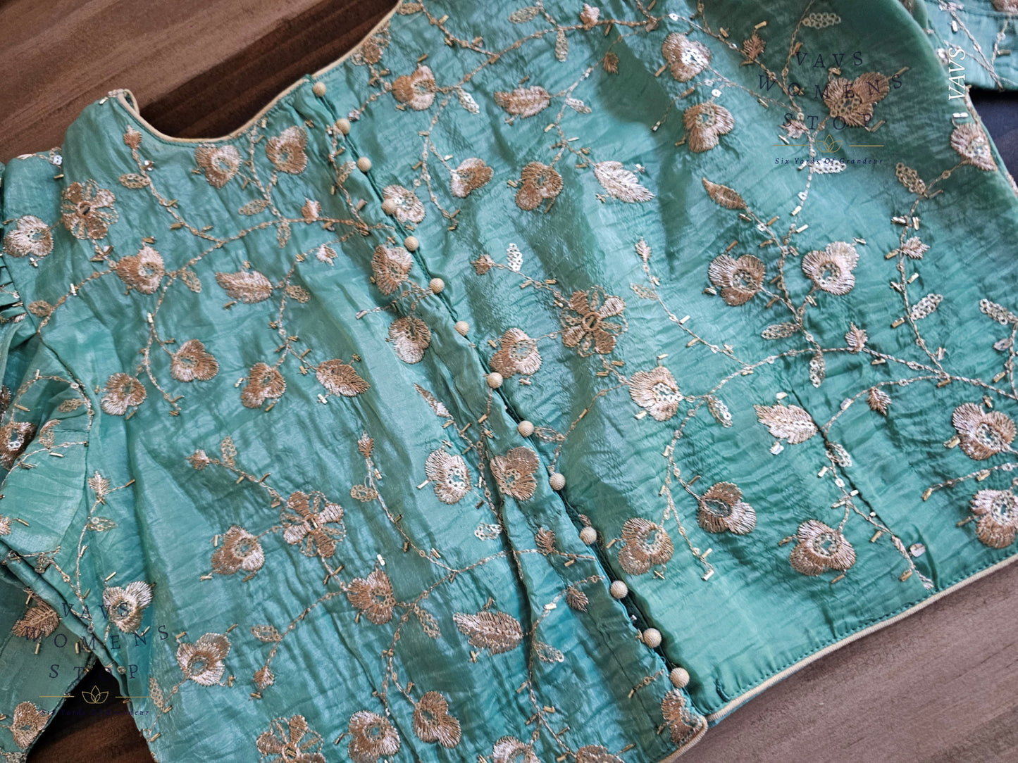 Sea Green Shade Crushed Silk Puff Sleeves Embroidered Blouse