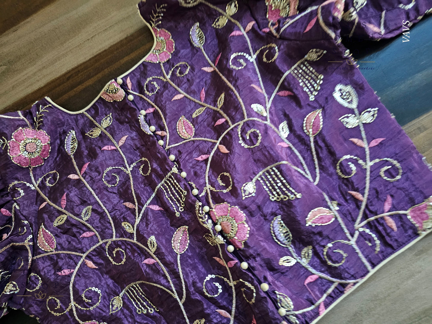 Purple Crushed Silk Puff Sleeves Embroidered Blouse