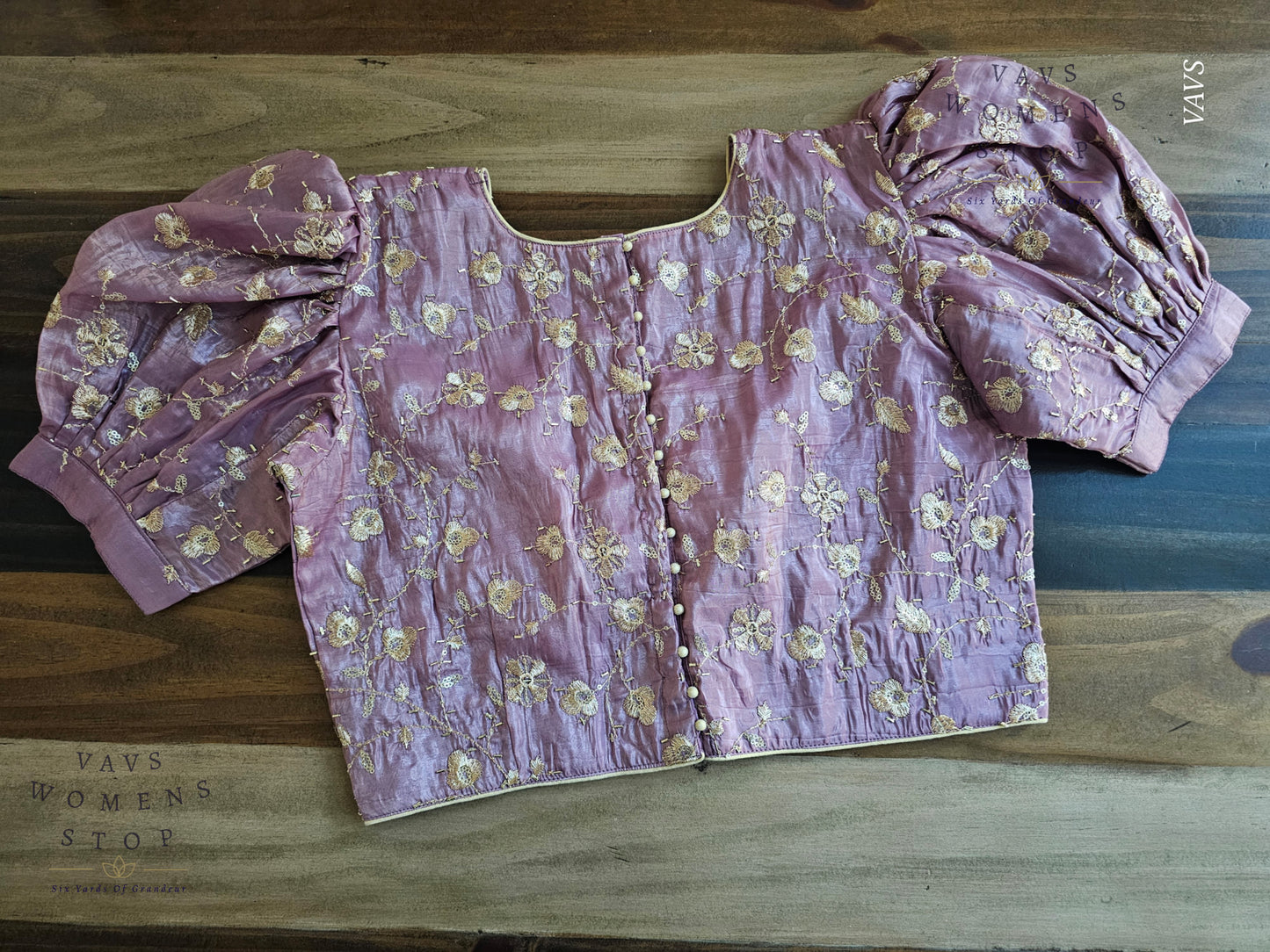 Lavender Crushed Silk Puff Sleeves Embroidered Blouse