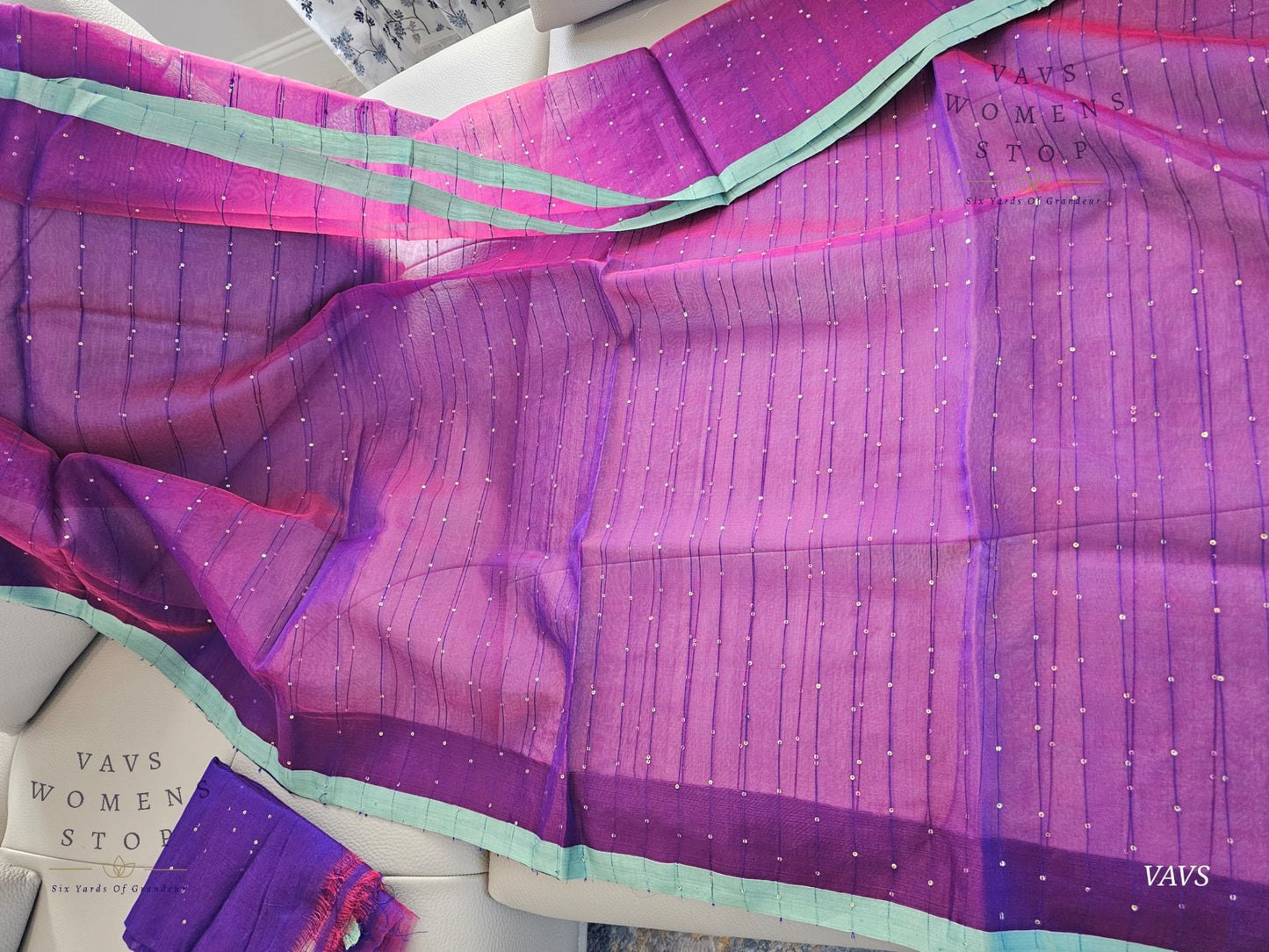 Purple Shade Pure Muslin Silk Saree with Sequins Work & Paithani Pallu