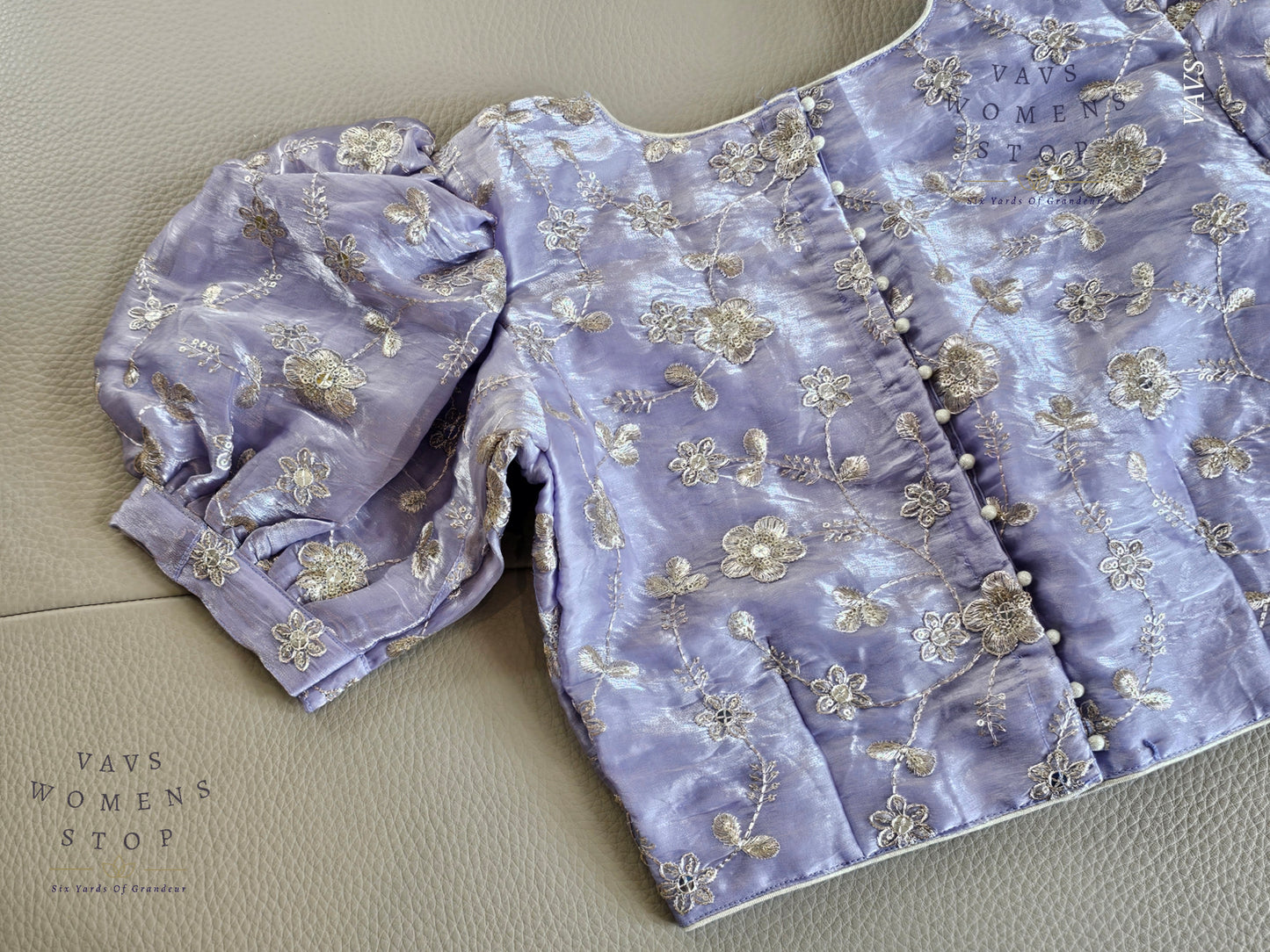Lilac Shade Crushed Silk Puff Sleeves Embroidered Blouse