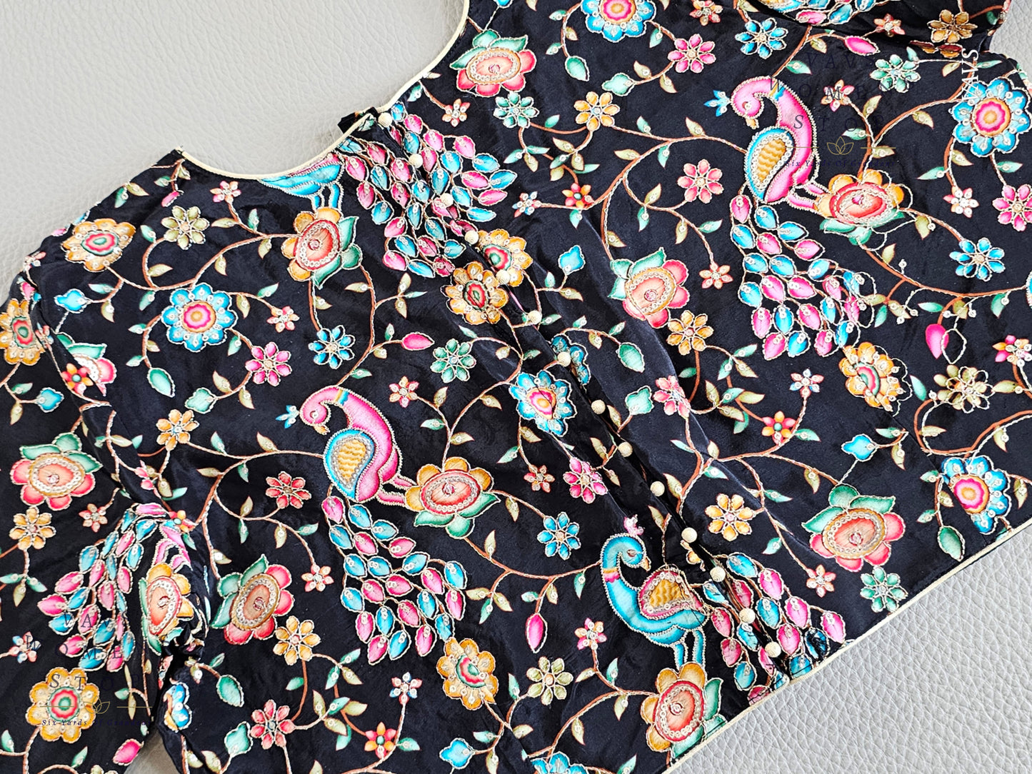 Classy Black Shade Crepe Silk Kalamkari Print Blouse with Outline Machine Embroidery