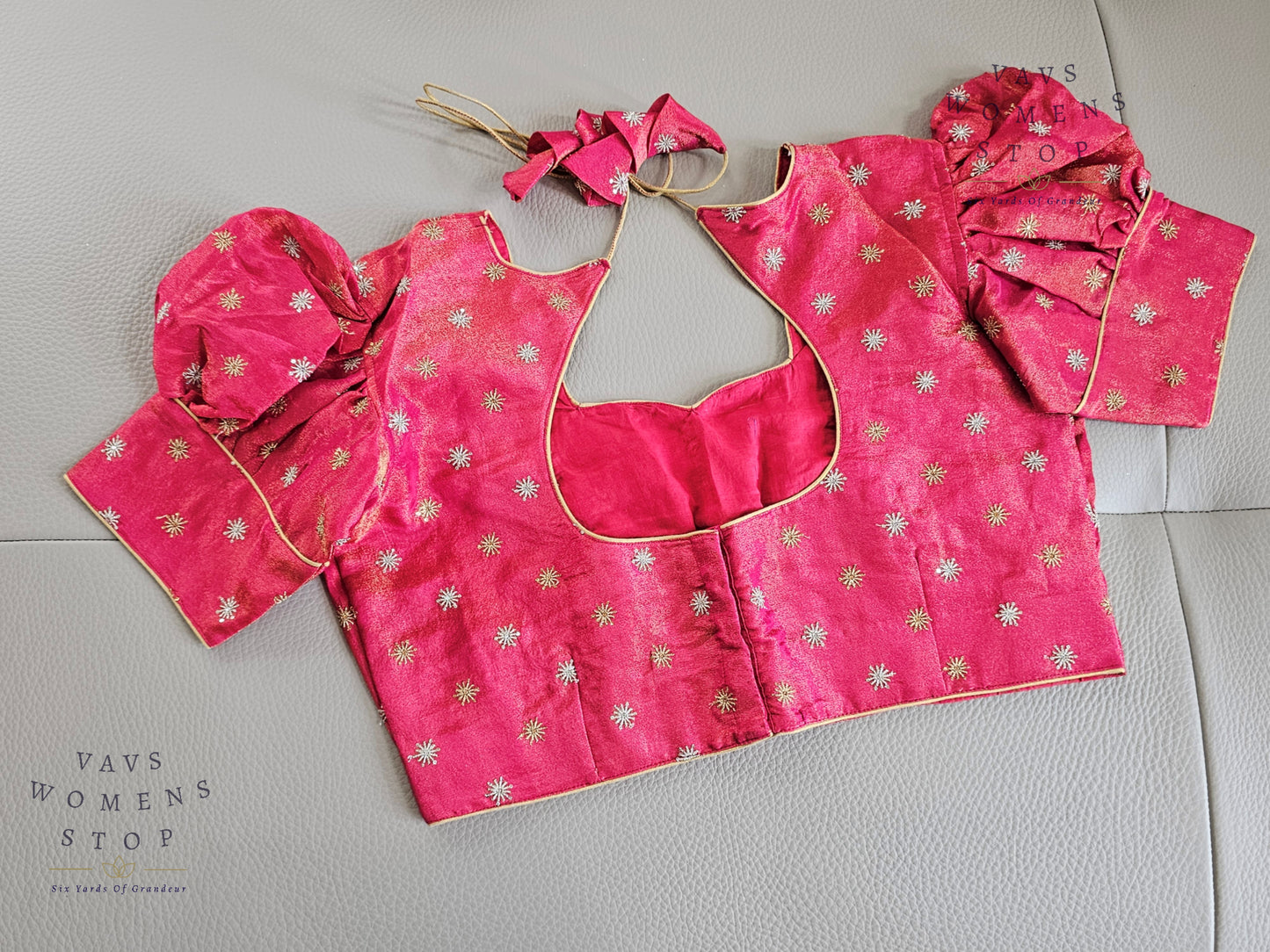 Pink Tissue Blouse with Puff Sleeves & Star Butta Design | Size 40–46 | VAVS Women’s Stop