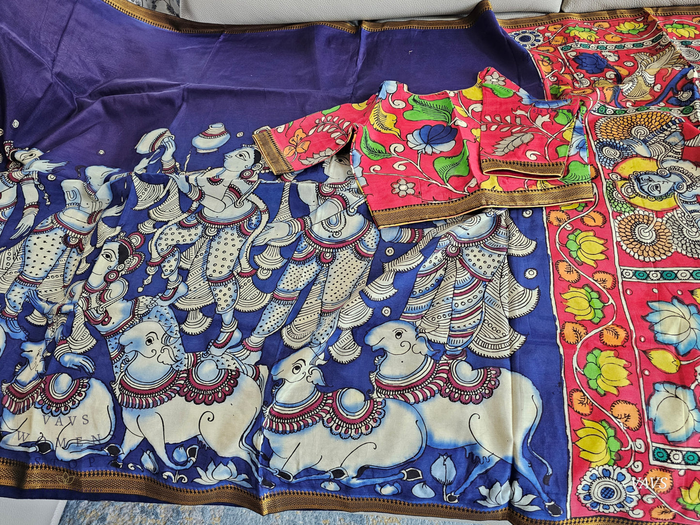 Bangalore Silk Kalamkari Hand-Painted Saree with Zari Border & Stitched Blouse