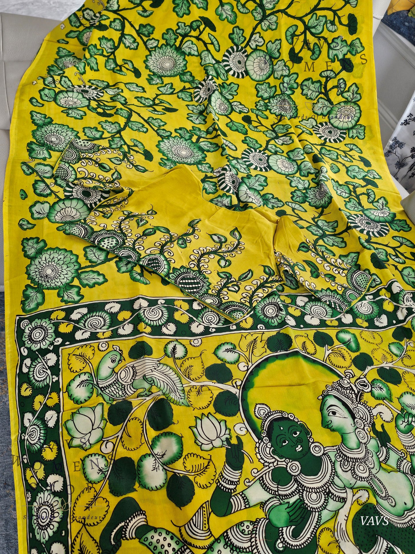 Bangalore Silk Kalamkari Hand-Painted Saree & Stitched Blouse