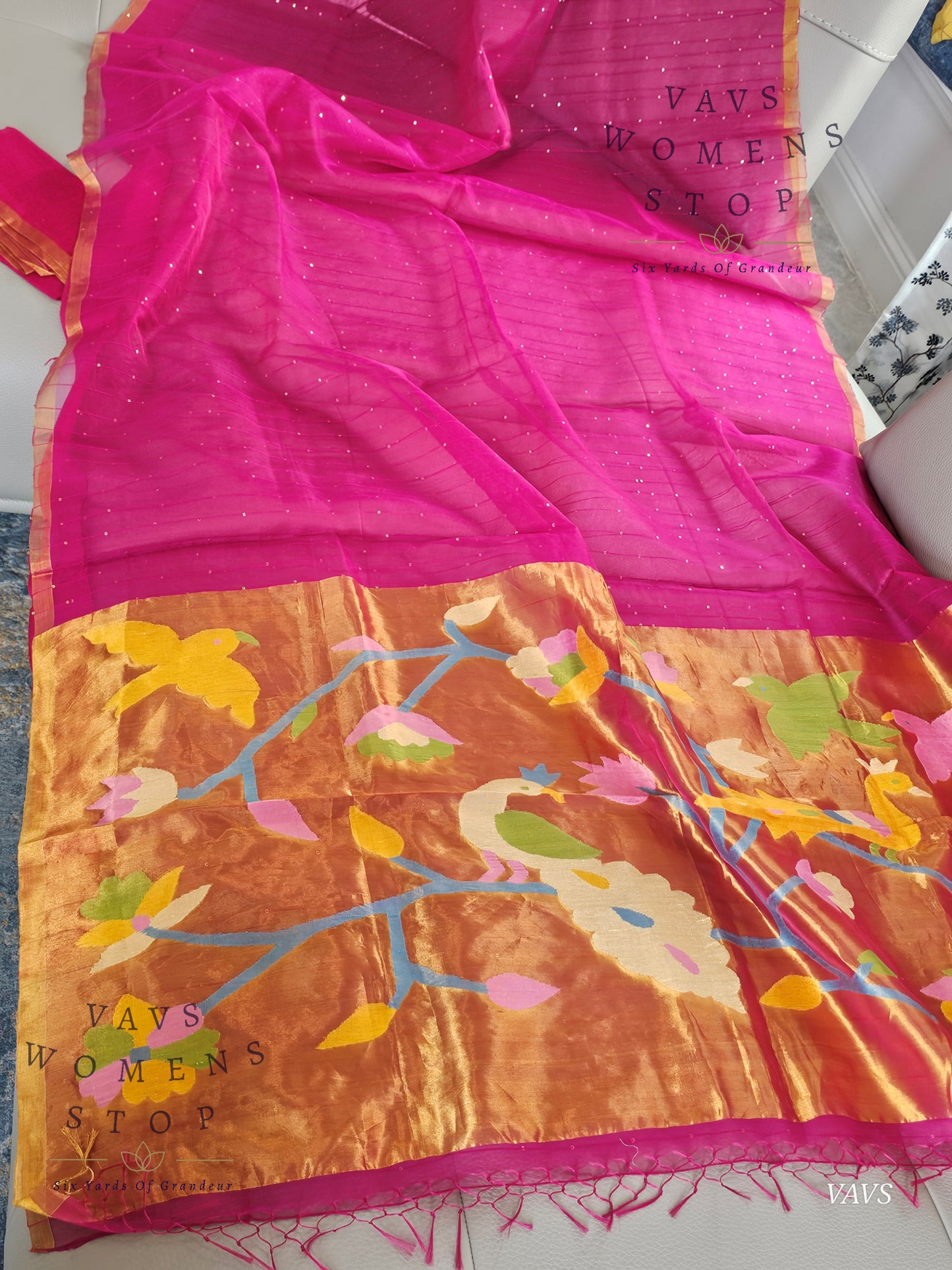 Pink Shade Pure Muslin Silk Saree with Sequins Work & Paithani Pallu